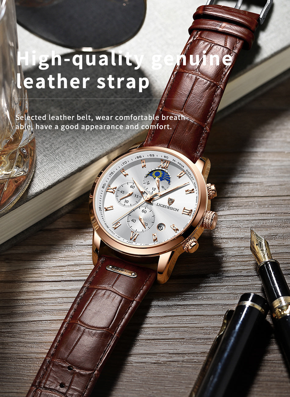 LIGE Men Watch Luxury PU Leather Sport Quartz Wristwatch Chronograph Watch For Men Masculino Men Gift Christmas Gift