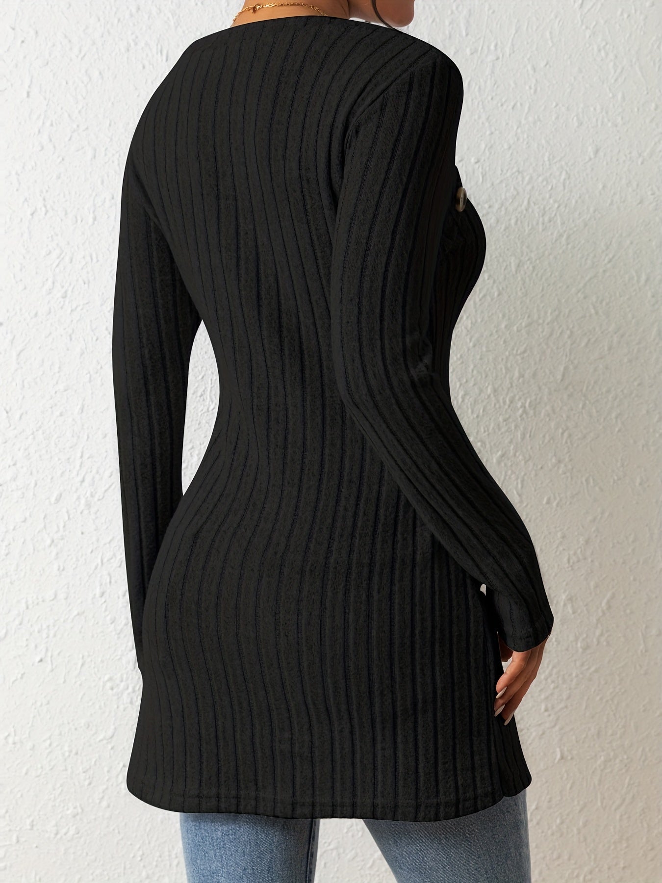 Button Decor Asymmetrical Hem T-Shirt, Casual Ribbed Long Sleeve Top For Spring & Fall, Women's Clothing