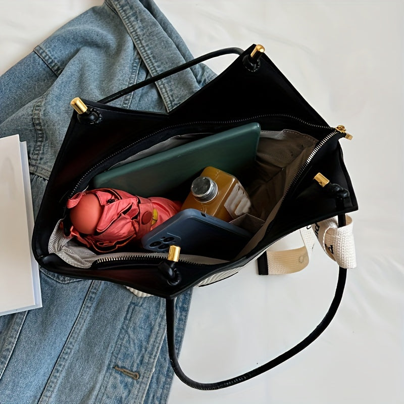 Large-Capacity Faux Leather Tote Bag - Stylish Zipper Closure, Fixed Shoulder Straps, Simple and Spacious Design for Work, Daily Use, and Travel - Durable, Easy-to-Clean, and Trendy Accessory