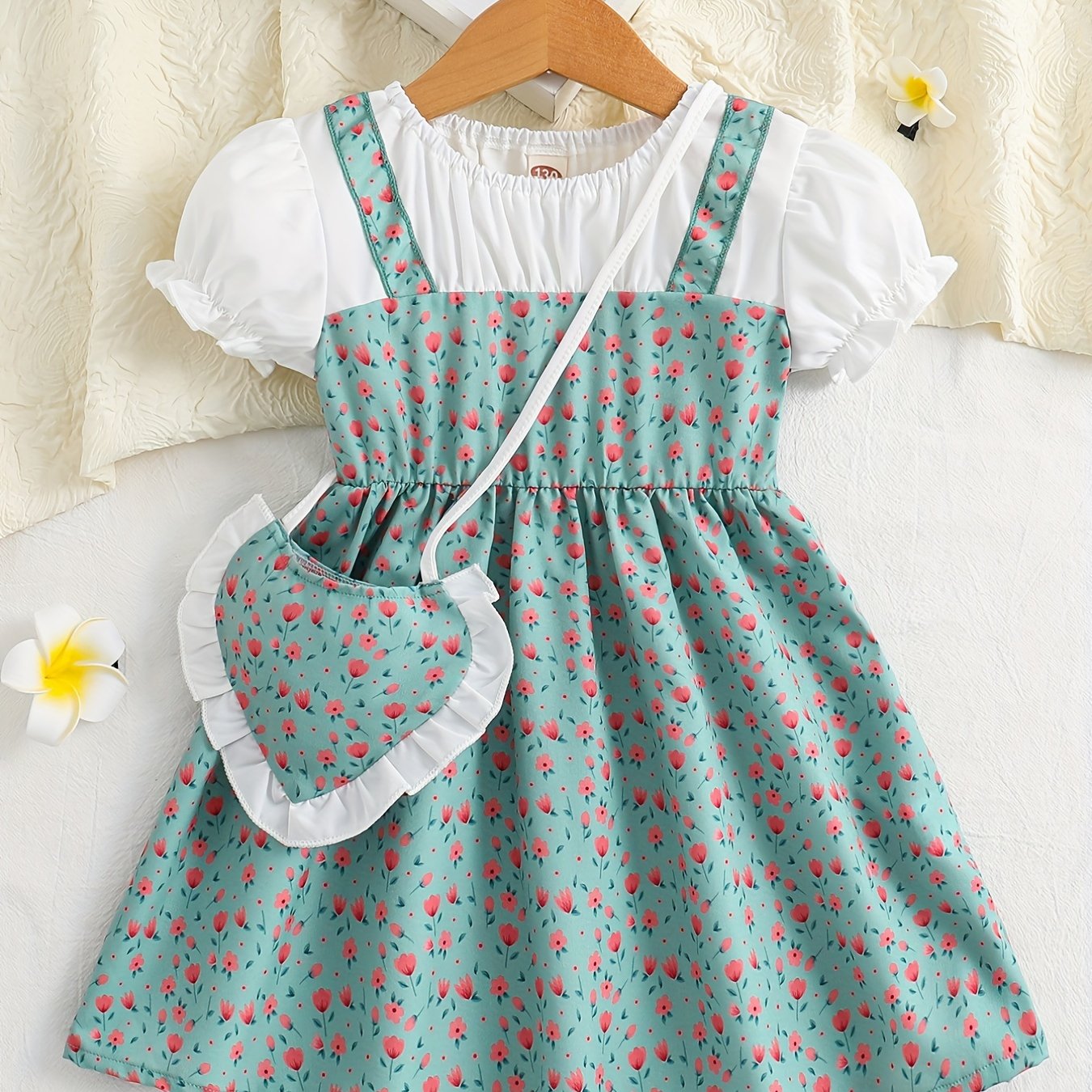 Toddler/ Kid Girls Cute Floral Dress Suit - Short Sleeve Patchwork A-line Dress + Pretty Heart Shaped Bag Set Kids Summer Clothes
