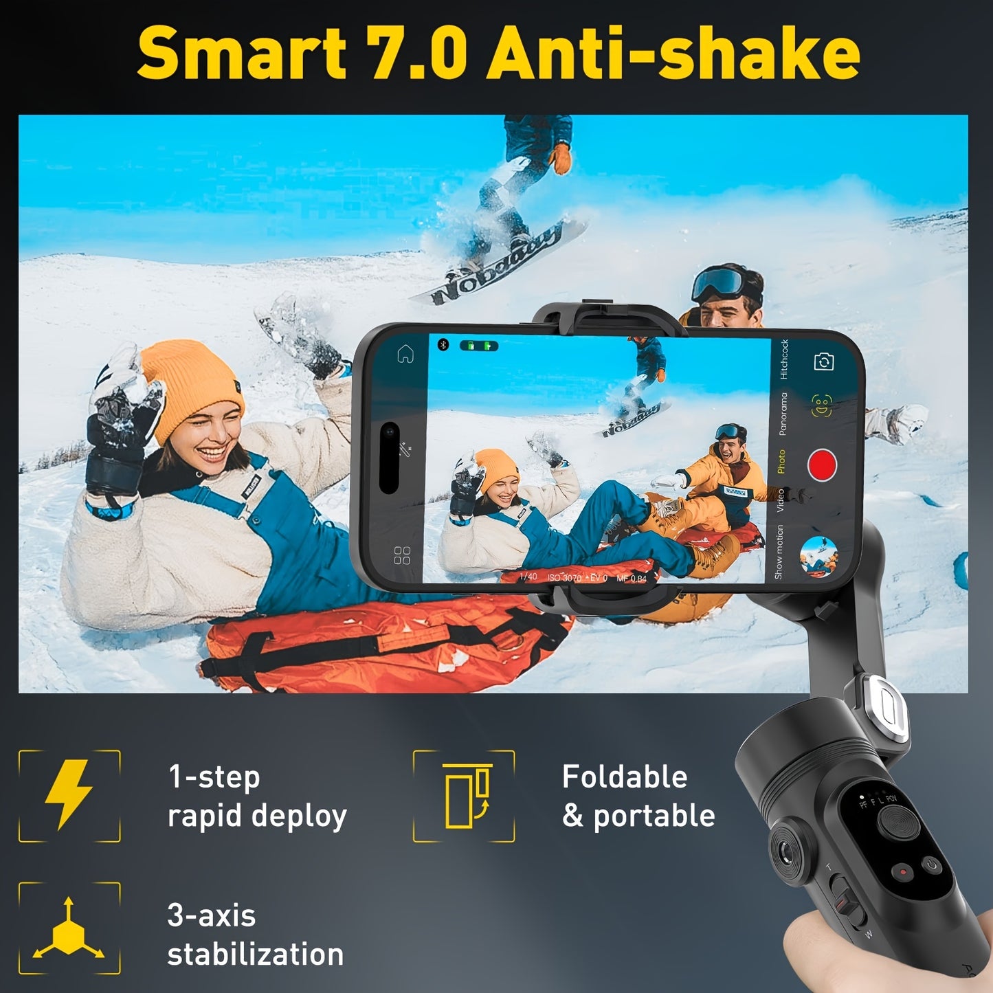 Smart X Pro 3-Axis Foldable Smartphone Gimbal Stabilizer - LED Light, Video Recording, Vlogging Kit for iPhone 15/14/13 Pro Max - Compact, Portable, and Easy to Use