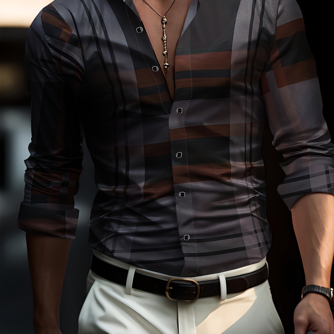 Non-Positional Cut Men's Casual Business Shirt with Plaid Print