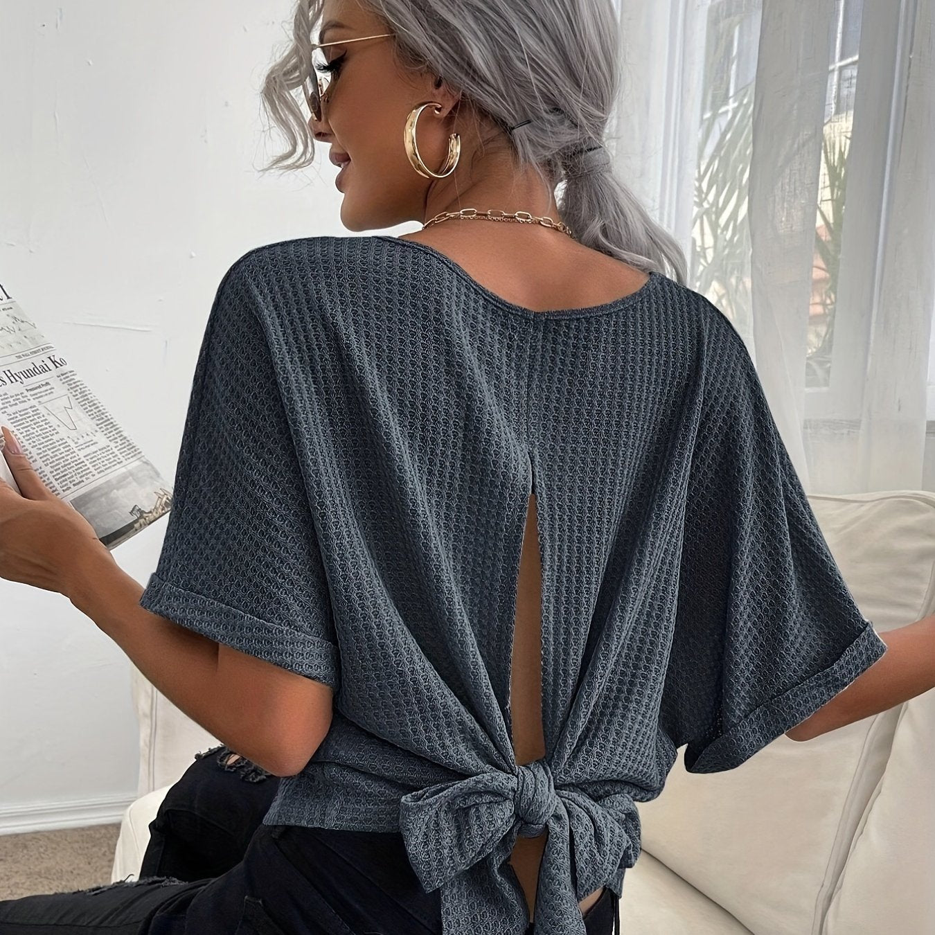 Lightweight Waffle Knit Tie-Back T-Shirt - Chic Casual Short Sleeve Top for Spring & Summer - Perfect Womens Fashion Essential