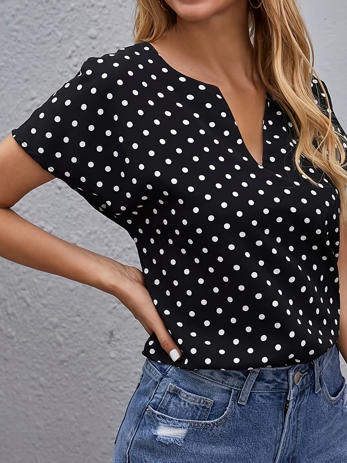 Women's Casual Fashion V-Neck Blouses - Polka Dot Print Short Sleeve Loose Fit Tops