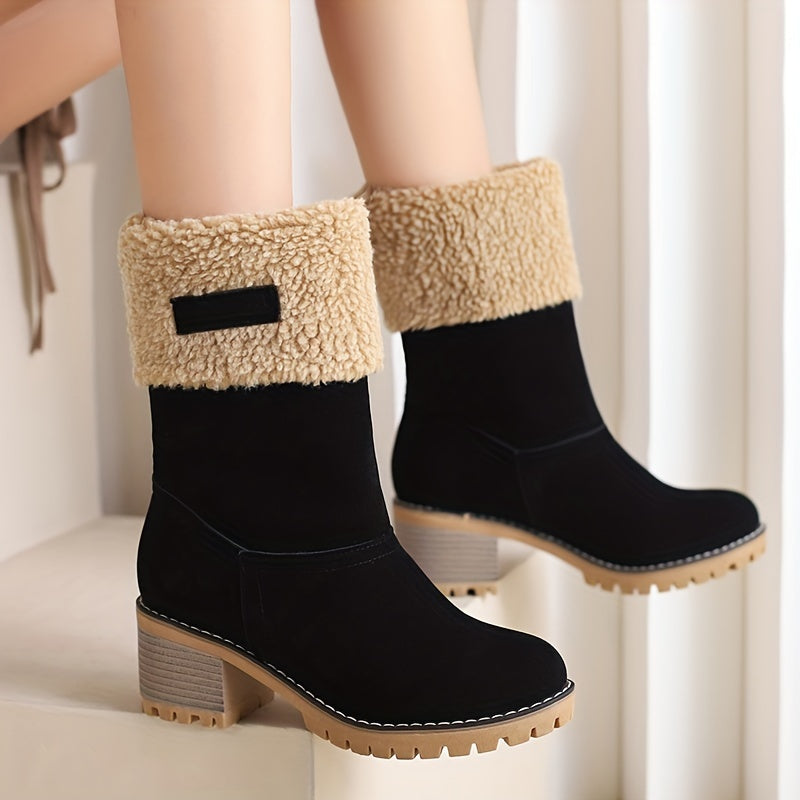 Mid Calf Snow Boots for Women - Stacked Block Heel, Plush Round Toe, Thermal Insulation, Slip-On Design, Solid Color, Winter Warmth and Comfort Shoes
