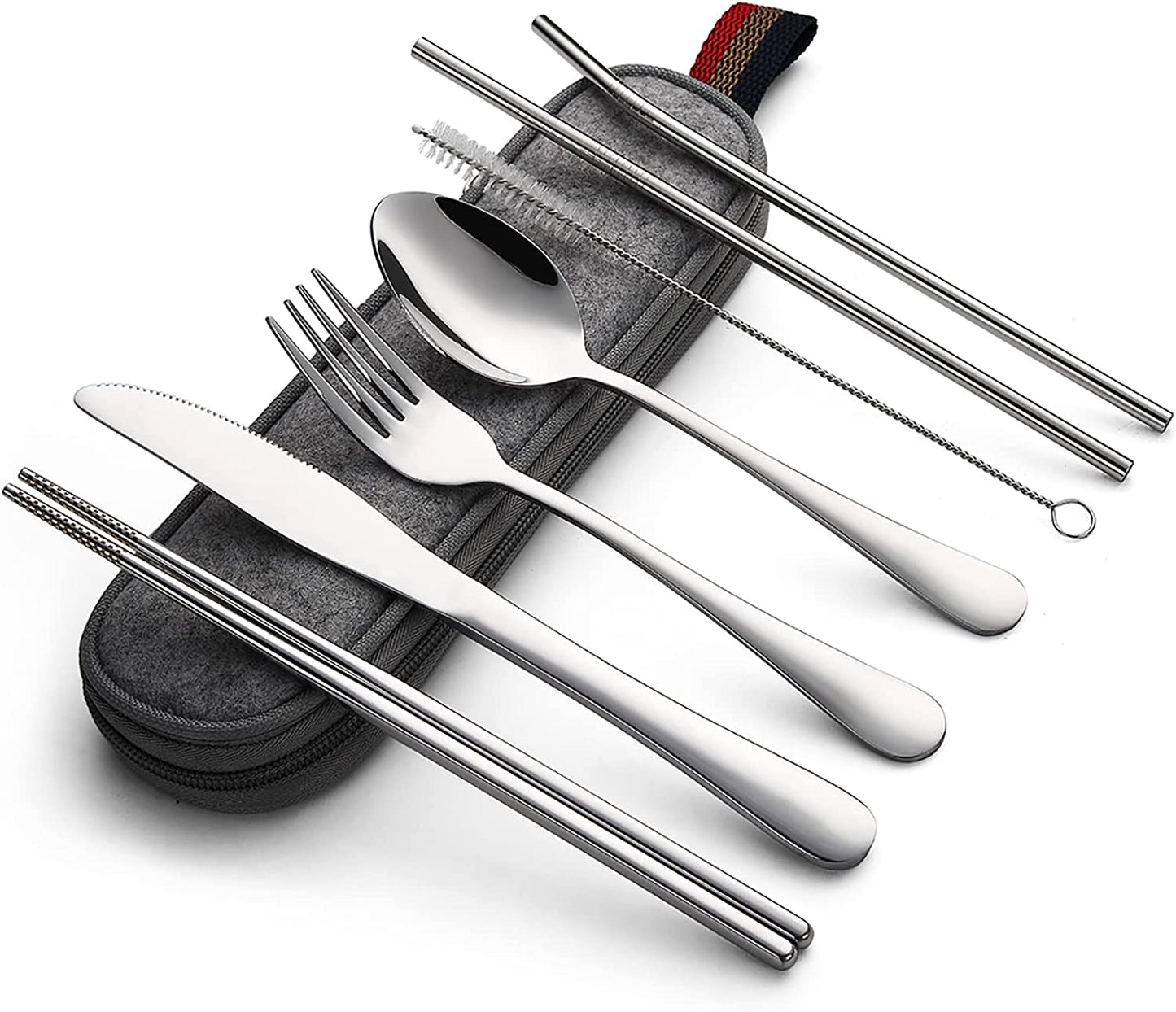 Portable Utensils, Travel Camping Cutlery Set, 8pcs including Knife Fork Spoon Chopsticks Cleaning Brush Straws Portable Case, Stainless Steel Flatware set