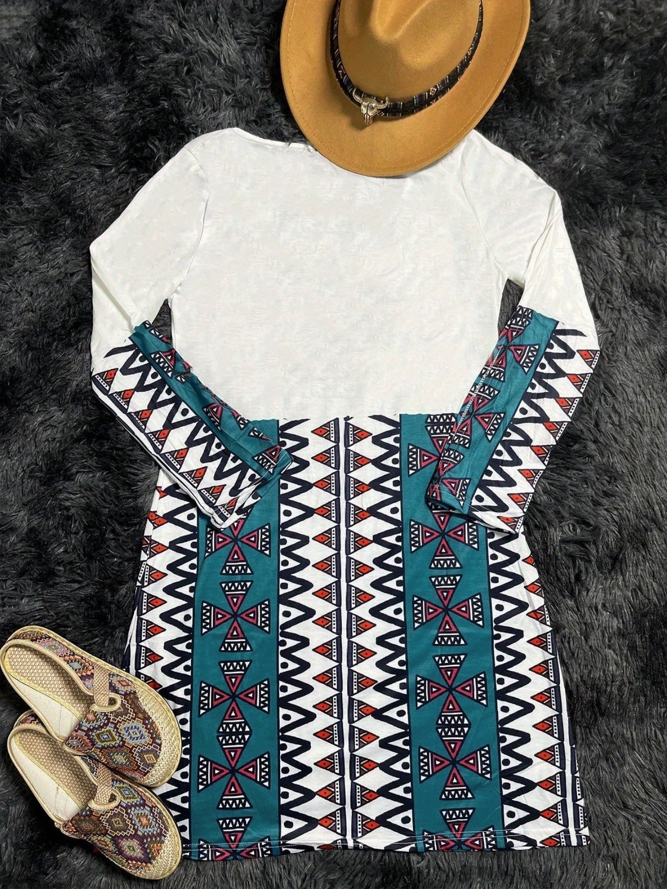 Aztec Print Ethnic Split Sleeve Dress, Boho Vintage V Neck Mini Dress, Women's Clothing