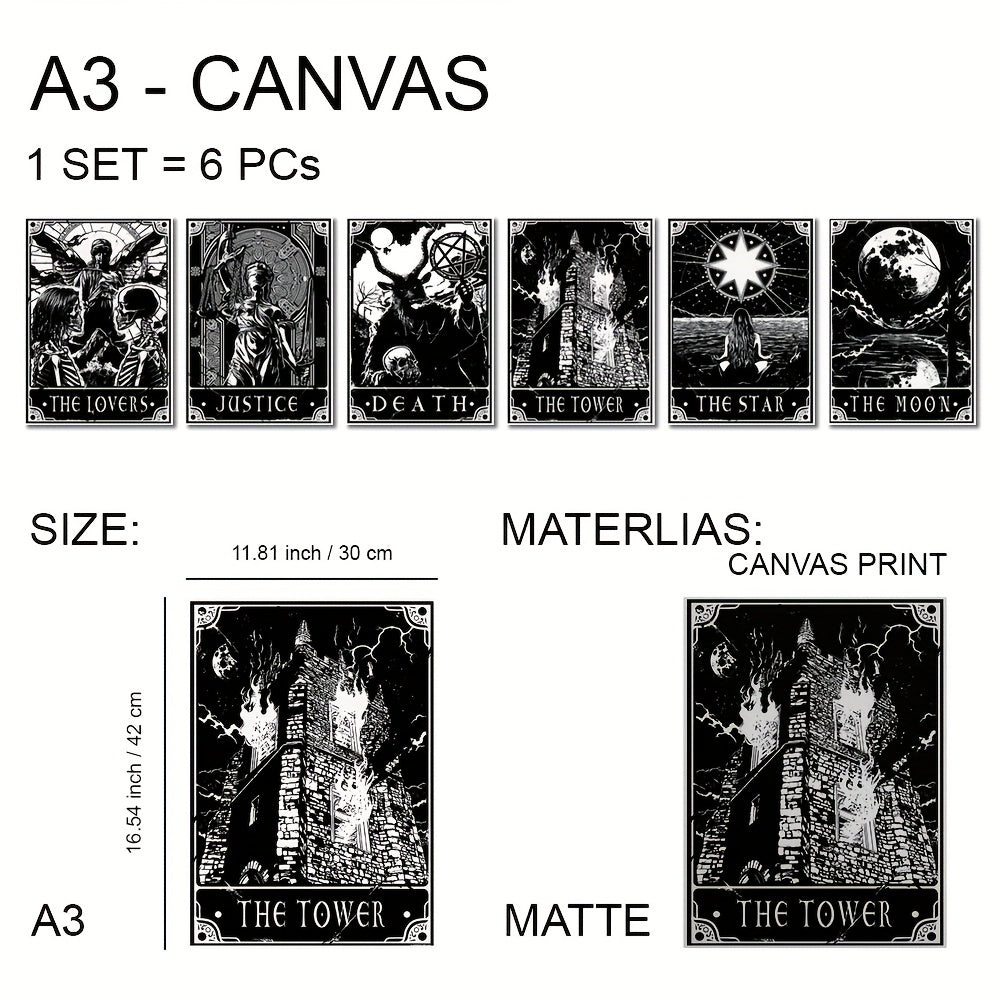 6pcs/set Black White Tarot Posters Wall Art, Living Room Bedroom Modern Wall Painting No Frame