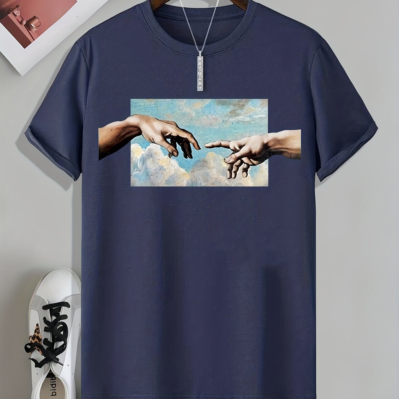 Mens Geometric Print Crew Neck T-Shirt - Soft Slight Stretch Polyester Fabric, Casual Short Sleeve Tee for Summer Spring Fall, Unique Applique Artwork, Machine Washable, Perfect Gift
