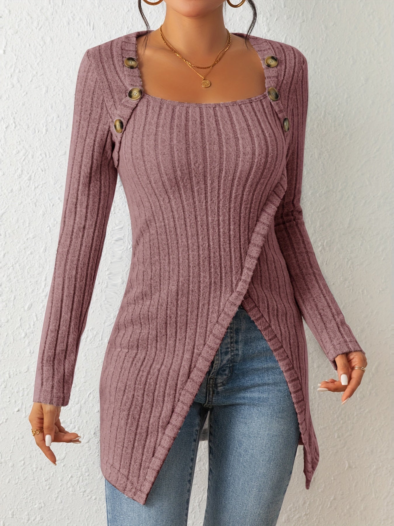 Button Decor Asymmetrical Hem T-Shirt, Casual Ribbed Long Sleeve Top For Spring & Fall, Women's Clothing