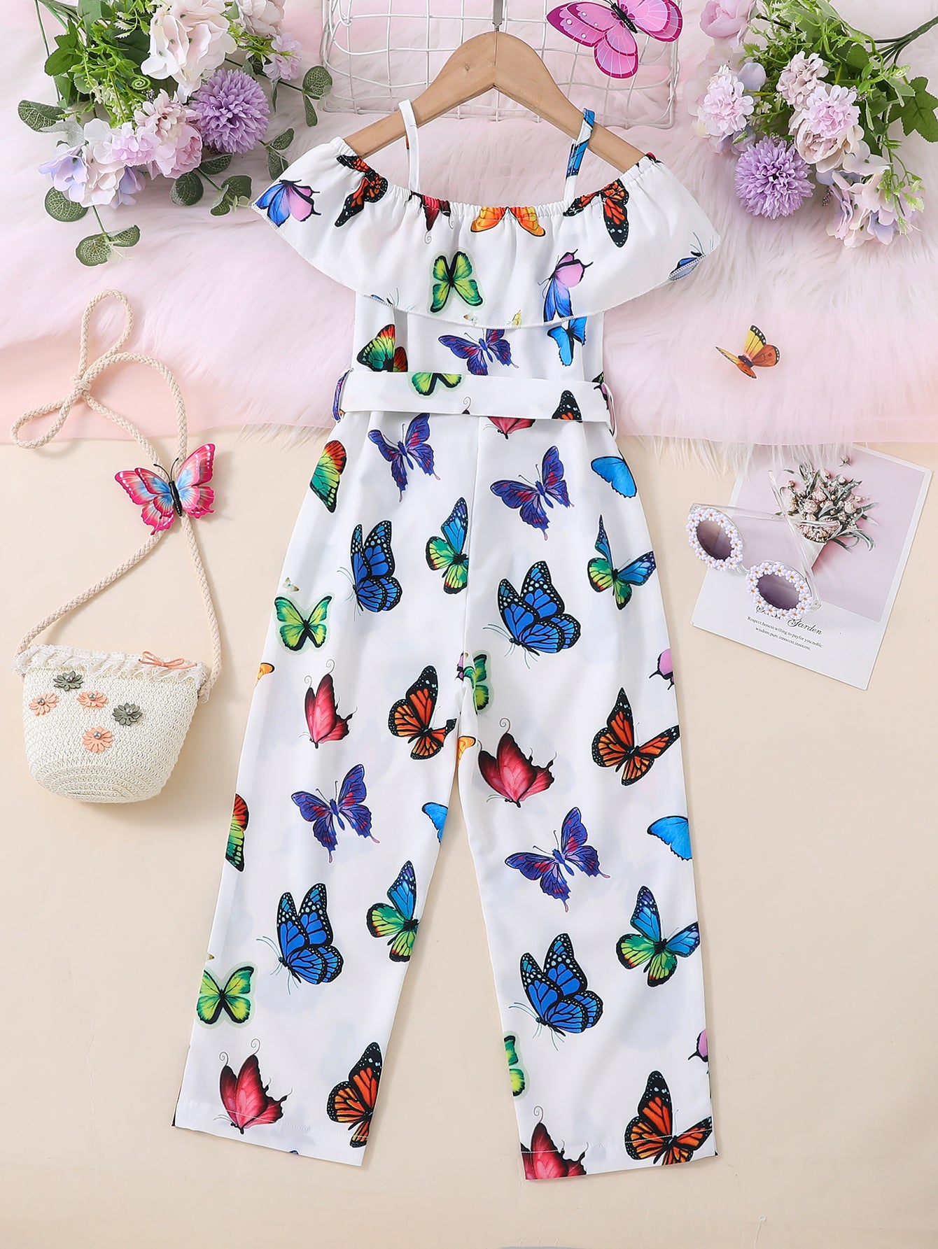 Trendy Girls' Butterfly Romper with Ruffles and Belt - Perfect for Summer!
