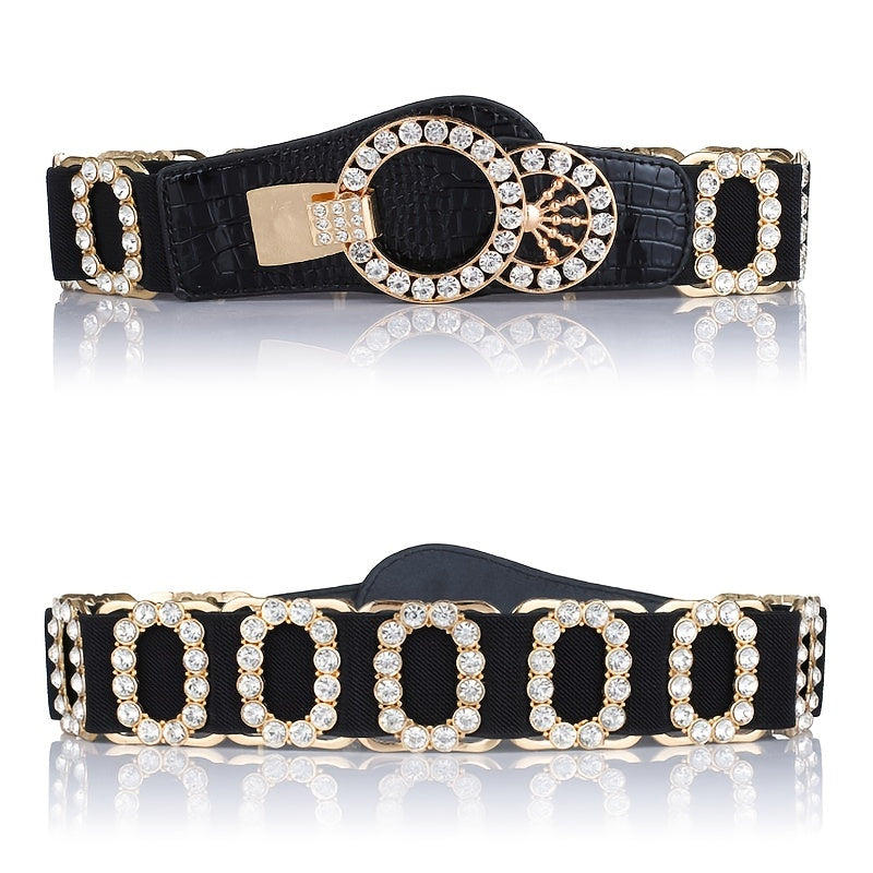 Stretchy Elastic Waist Belt for Women - Sparkling Rhinestone Accents, Alphabets, Rivet, Sequins, and Studded Details - Perfect for Party, Wedding, Bohemian, and Business Occasions