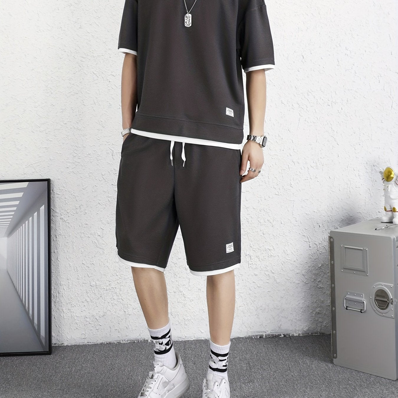 Men's 2 Piece Outfits, Solid Color, Faux Two-Piece Casual Graphic Crew Neck T-shirt And Loose Drawstring Shorts Set, Men’s Clothing
