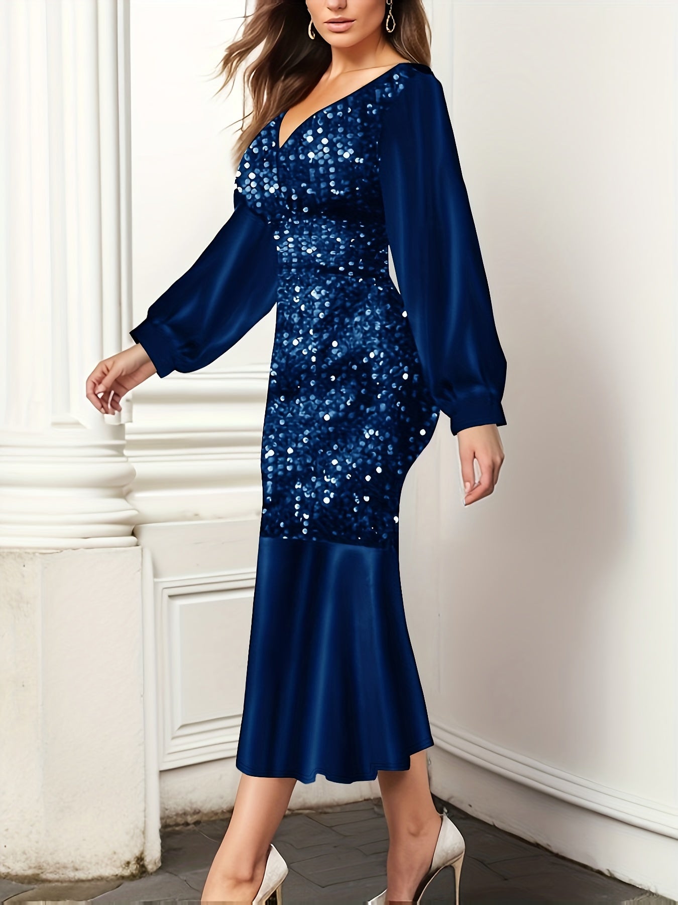 Vibrant Sequined Bodycon Mermaid Hem Dress - Elegant V Neck, Long Sleeve, Polyester, Solid Color, No Elasticity, Perfect for Party & Banquet - Womens Spring/Fall Clothing