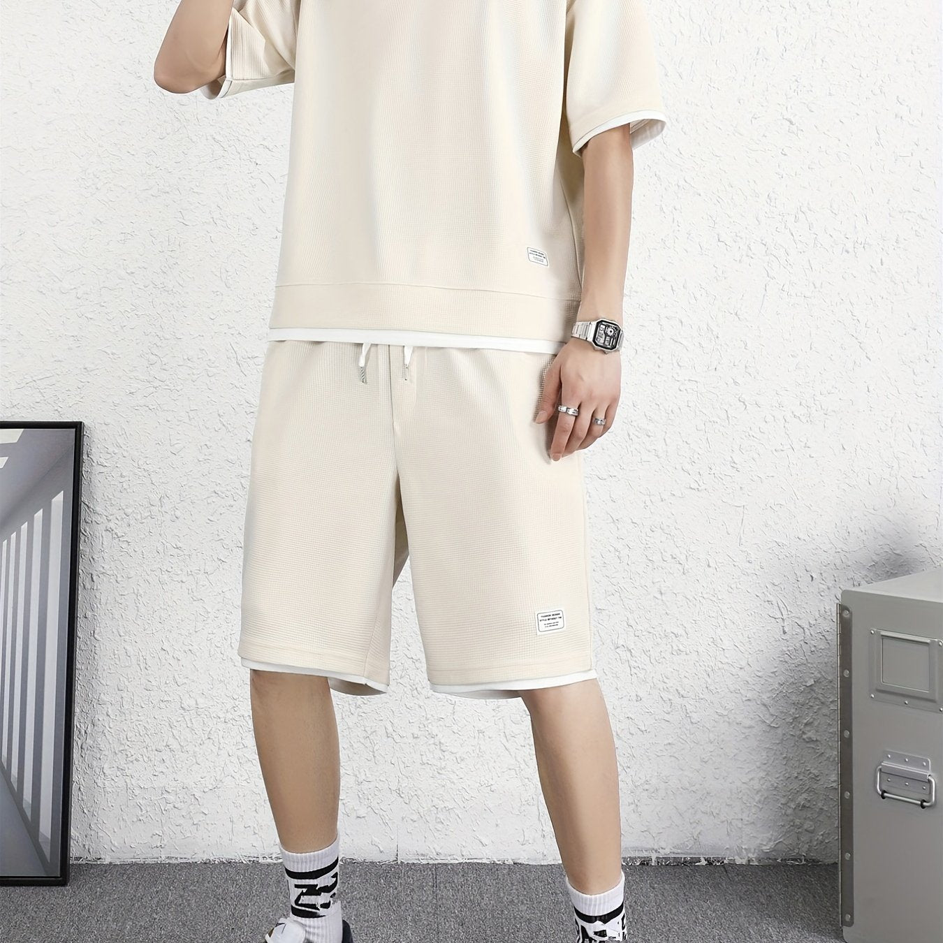 Men's 2 Piece Outfits, Solid Color, Faux Two-Piece Casual Graphic Crew Neck T-shirt And Loose Drawstring Shorts Set, Men’s Clothing