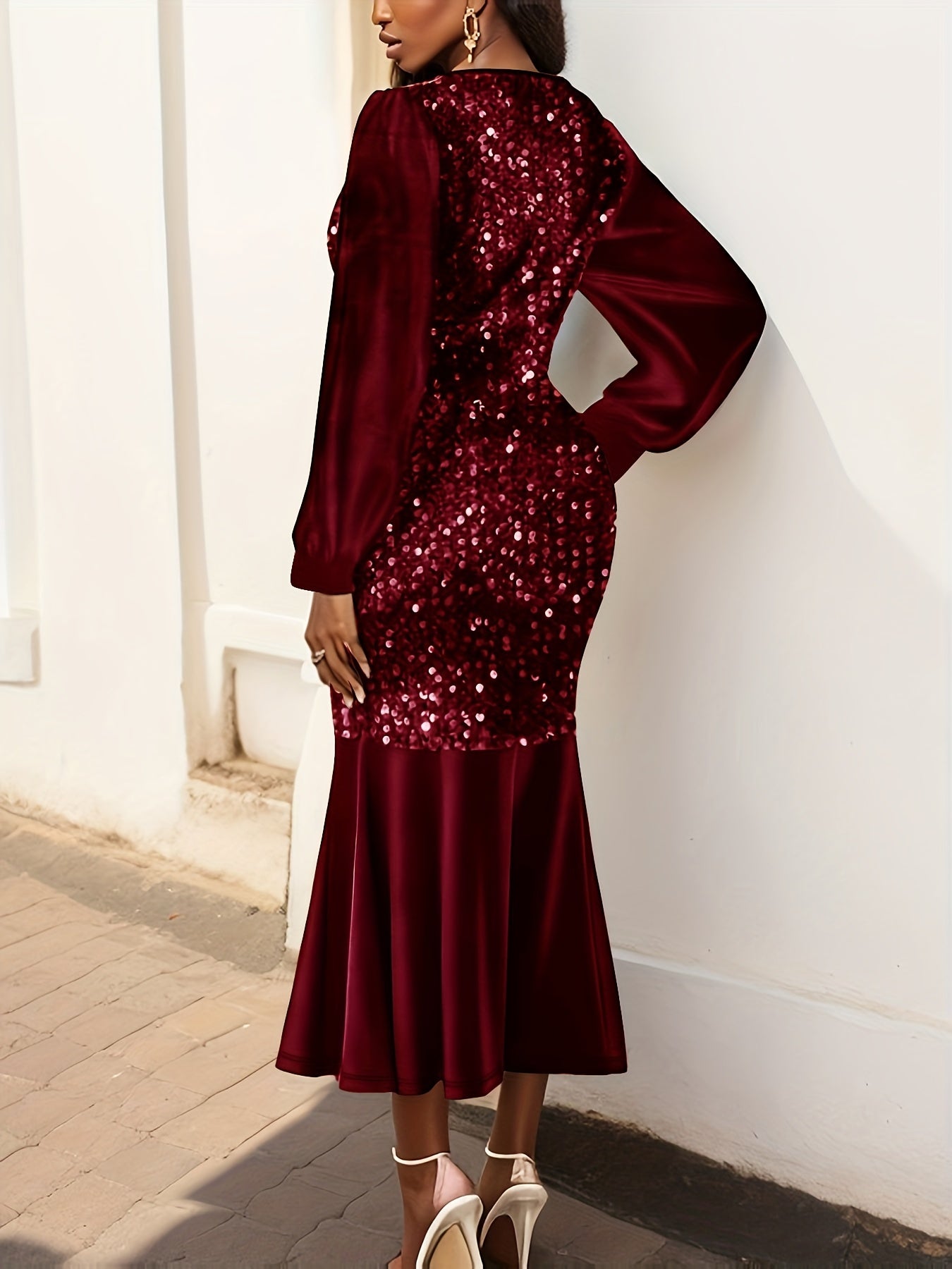 Vibrant Sequined Bodycon Mermaid Hem Dress - Elegant V Neck, Long Sleeve, Polyester, Solid Color, No Elasticity, Perfect for Party & Banquet - Womens Spring/Fall Clothing