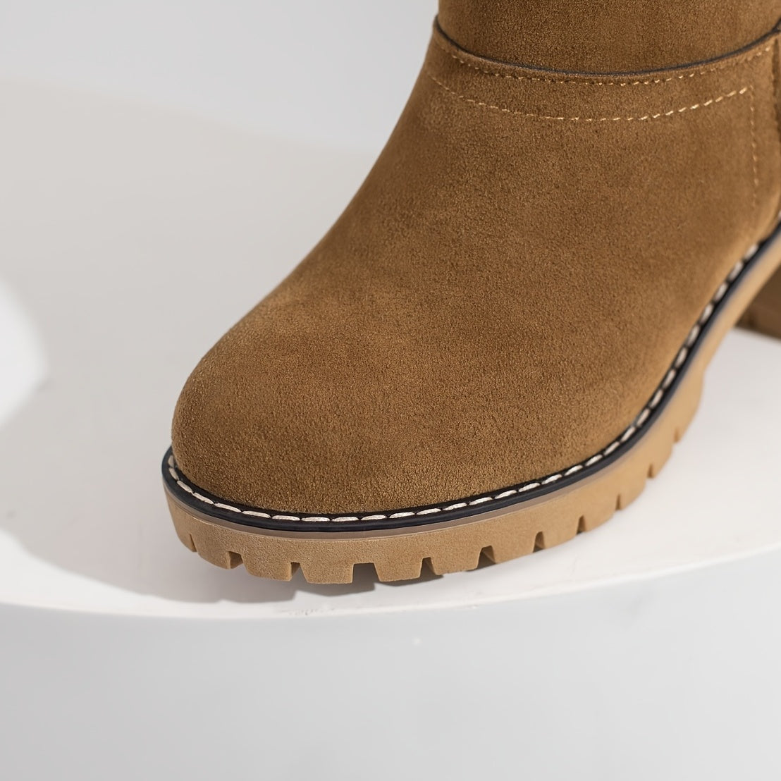 Mid Calf Snow Boots for Women - Stacked Block Heel, Plush Round Toe, Thermal Insulation, Slip-On Design, Solid Color, Winter Warmth and Comfort Shoes