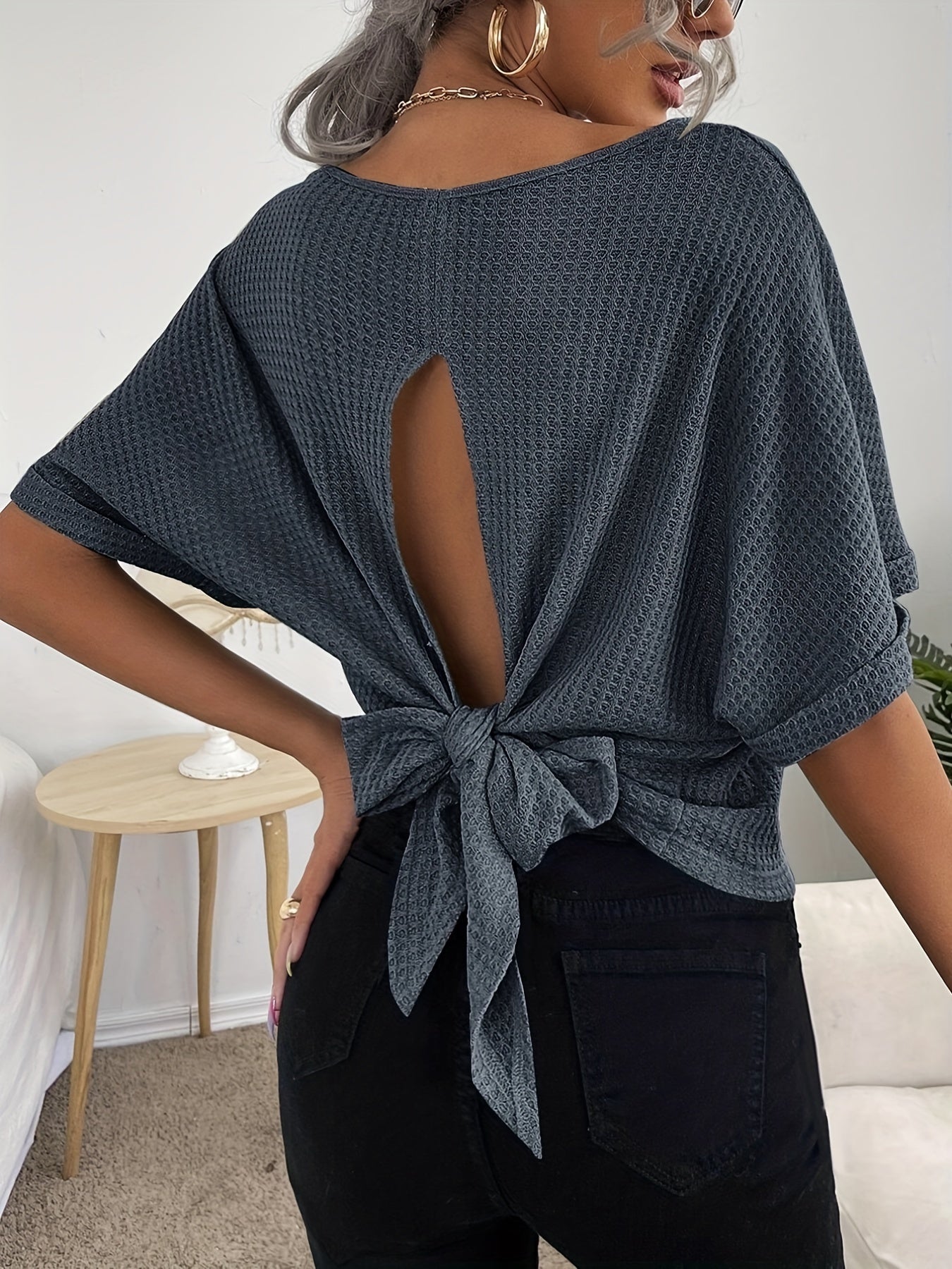 Lightweight Waffle Knit Tie-Back T-Shirt - Chic Casual Short Sleeve Top for Spring & Summer - Perfect Womens Fashion Essential