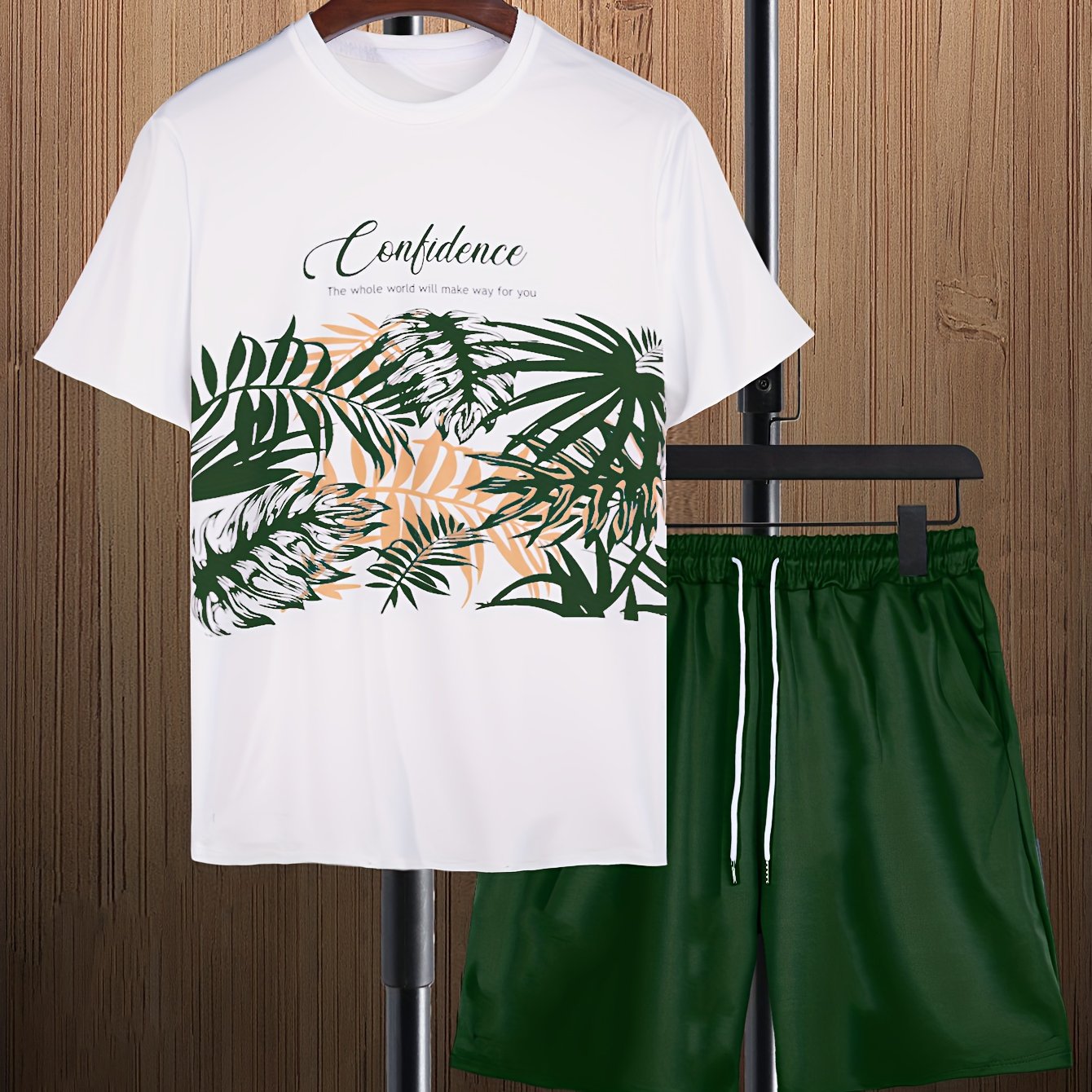 Mens Trendy Leaf Print 2-Piece Outfit - Relaxed Fit T-Shirt & Adjustable Drawstring Shorts - Comfortable Casual Wear