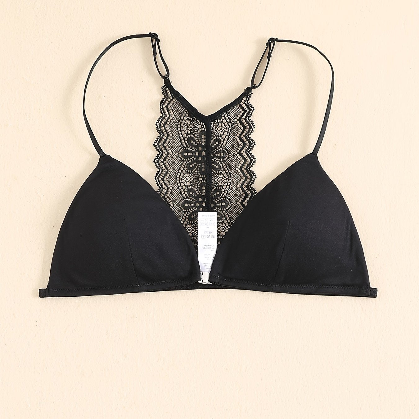 Triangle Cups Front Buckle Bras, Lace Stitching Beauty Back Bra With Removable Pads, Women's Lingerie & Underwear