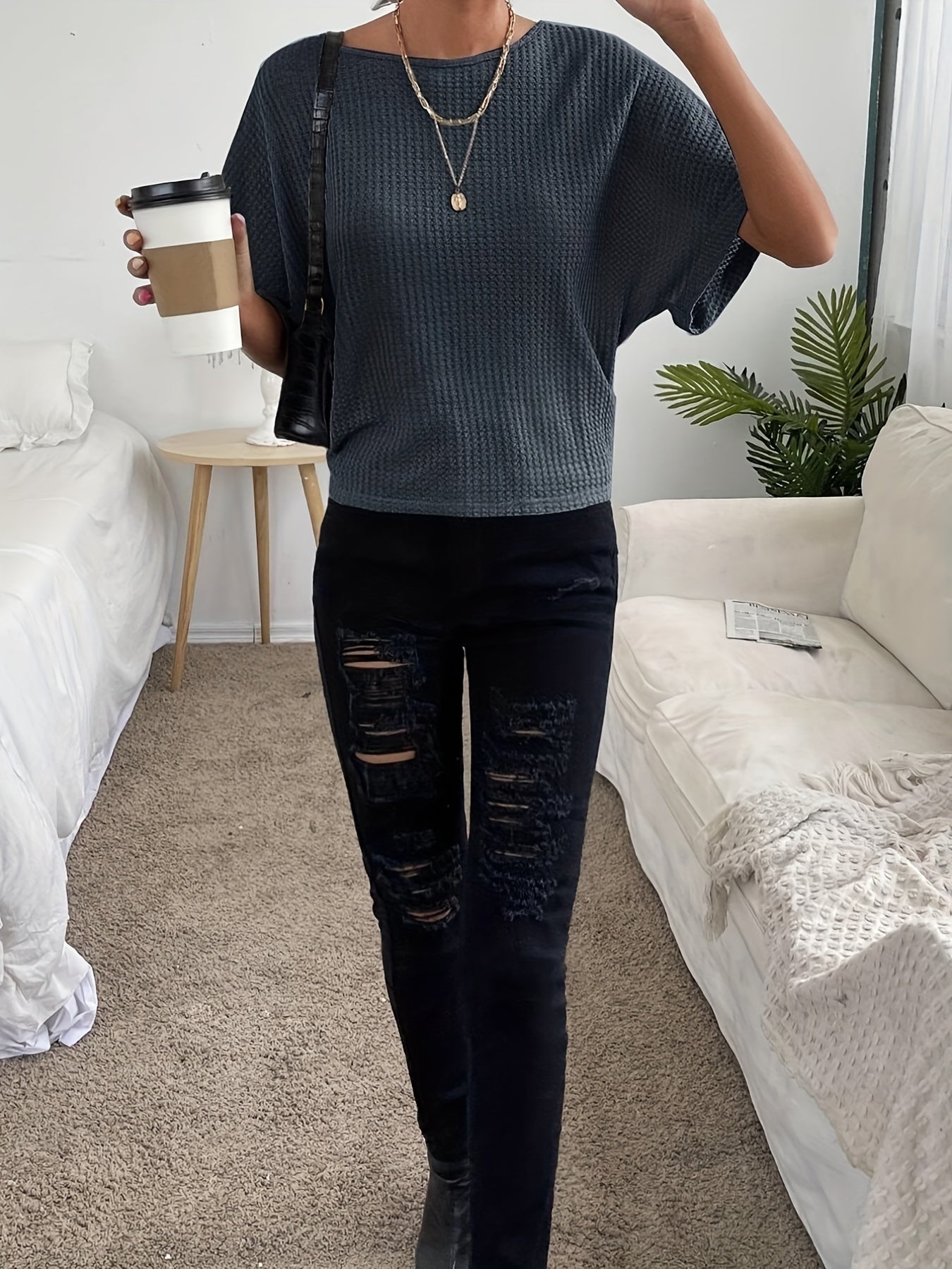 Lightweight Waffle Knit Tie-Back T-Shirt - Chic Casual Short Sleeve Top for Spring & Summer - Perfect Womens Fashion Essential