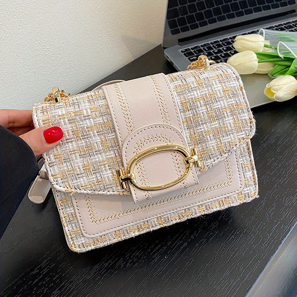 Mini Plaid Pattern Tweed Bag, Buckle Decor Shoulder Square Bag, Chain Crossbody Flap Purse For Everyday