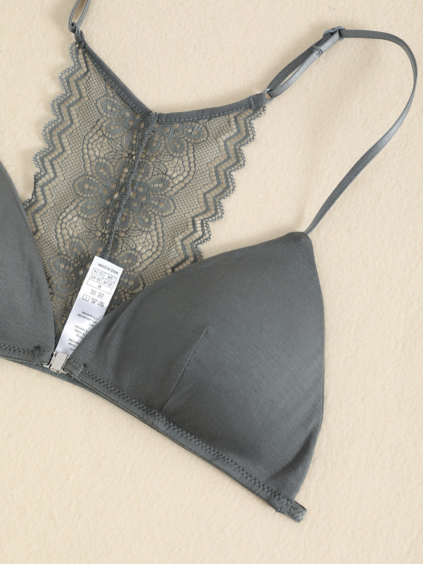 Triangle Cups Front Buckle Bras, Lace Stitching Beauty Back Bra With Removable Pads, Women's Lingerie & Underwear