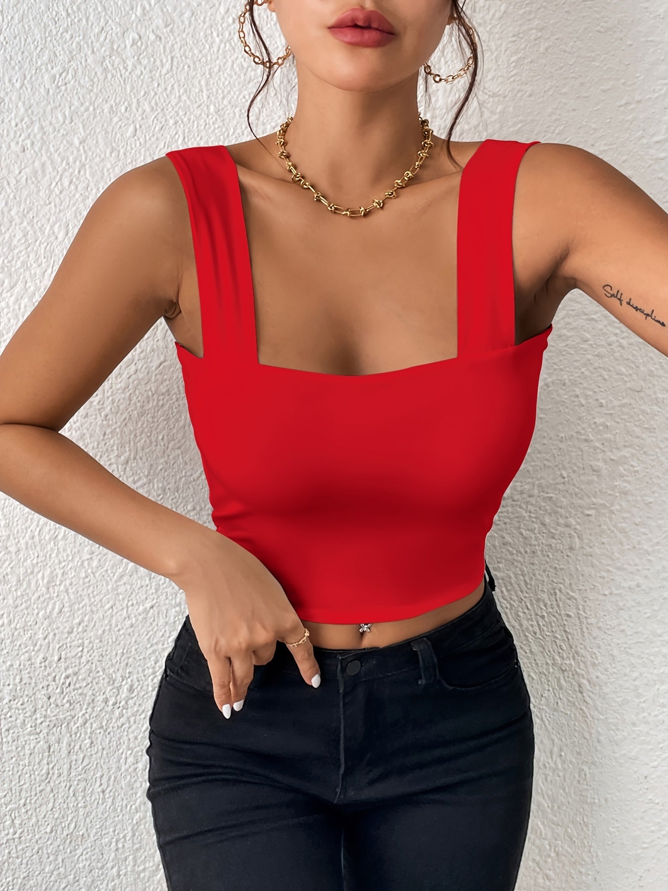 Stretchy Women's Crop Tank Top - Casual Everyday Essential - Soft, Breathable, Sleeveless, Solid Color, Comfortable, Relaxed Fit, Women's Clothing