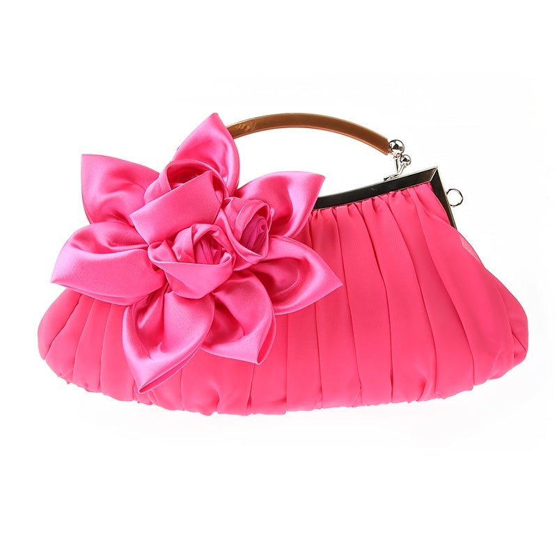 Floral Decor Clutch Bag, Elegant Ruched Detail Handbag, Women's Trendy Chain Shoulder Bag For Party