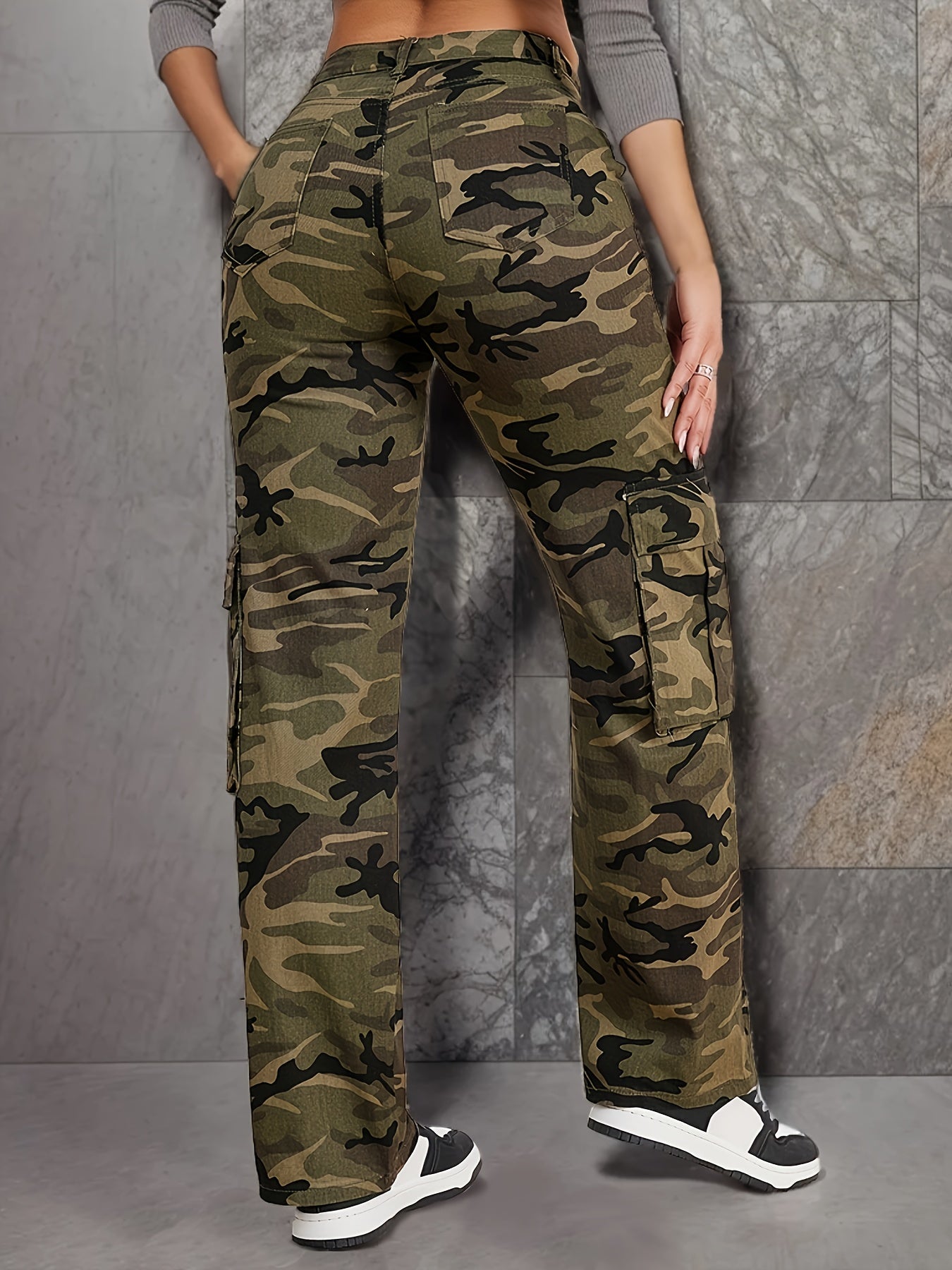 Camo Cargo Pants for Women | Vintage Y2K Straight-Leg Casual Jeans - All-Season Wear, Mid-Waist with Pockets