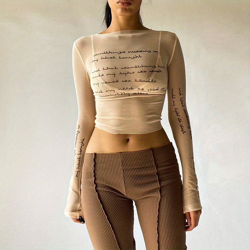 Trendy Letter Print Mesh Top - Fashionable & Breathable Semi-sheer Womens T-shirt - Long Sleeve Spring & Summer Essential