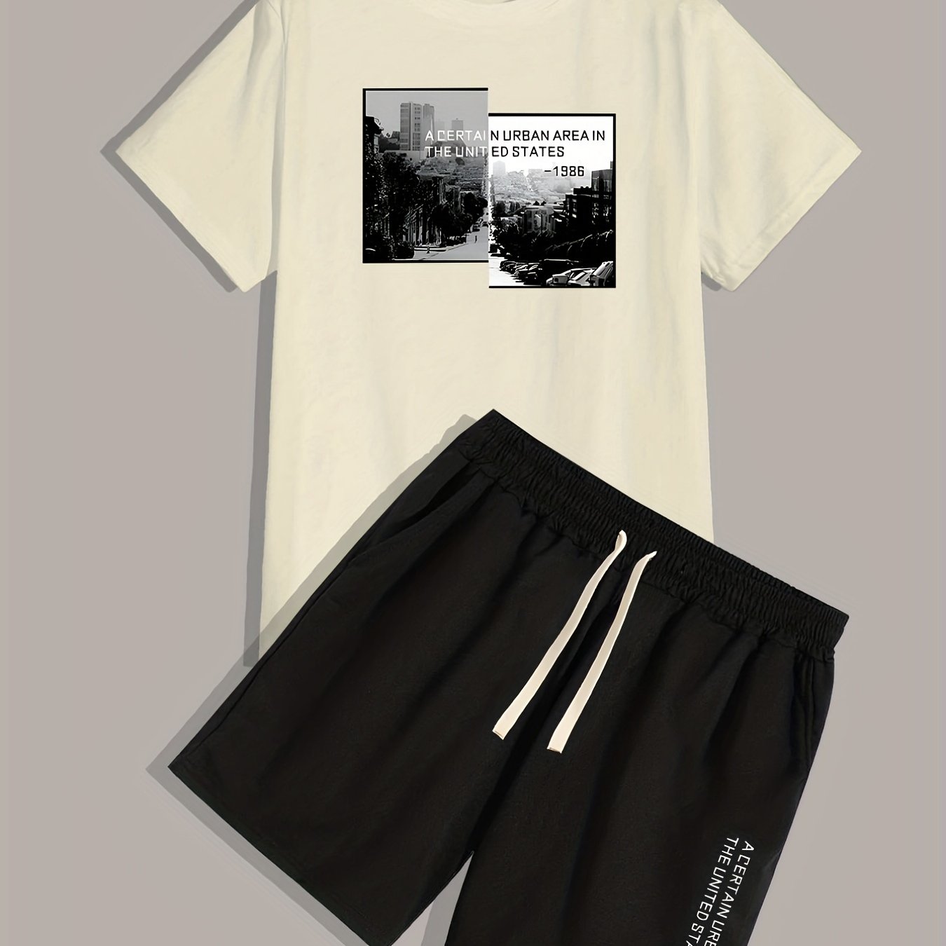 Urban Area, Men's 2pcs, Short Sleeve Round Neck T-Shirt And Drawstring Shorts Set