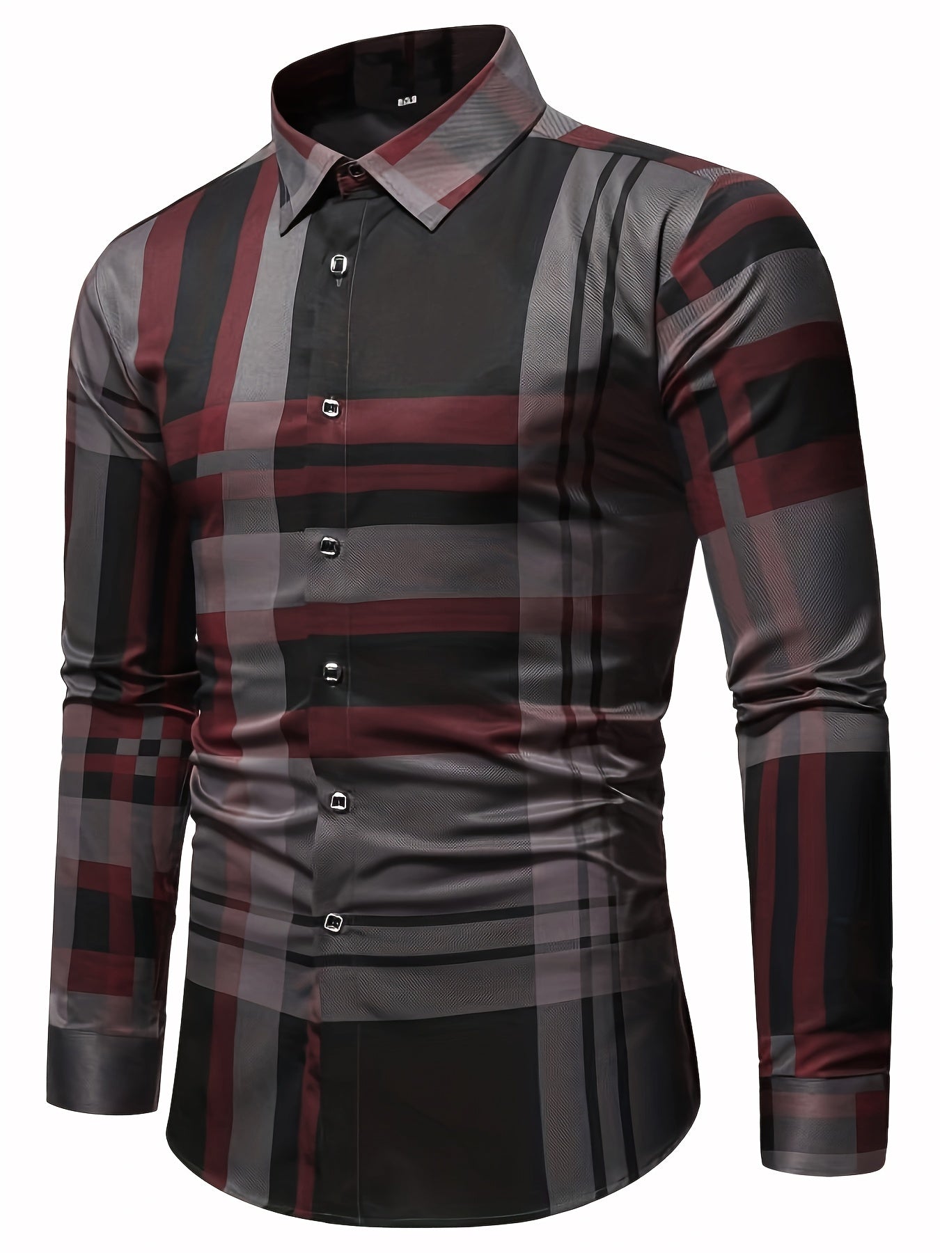 Non-Positional Cut Men's Casual Business Shirt with Plaid Print
