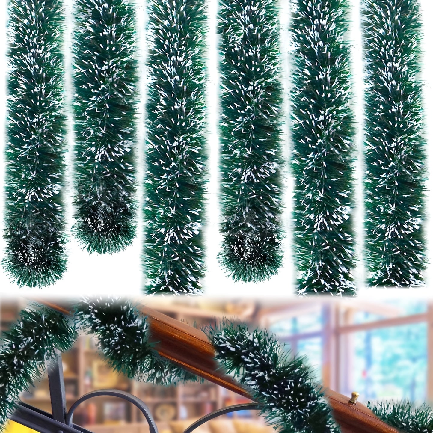 50 Feet Garland For Christmas Decorations, Green Snowy Garland, Artificial Christmas Pine Streamers For Party Hanging Ceiling Decorations