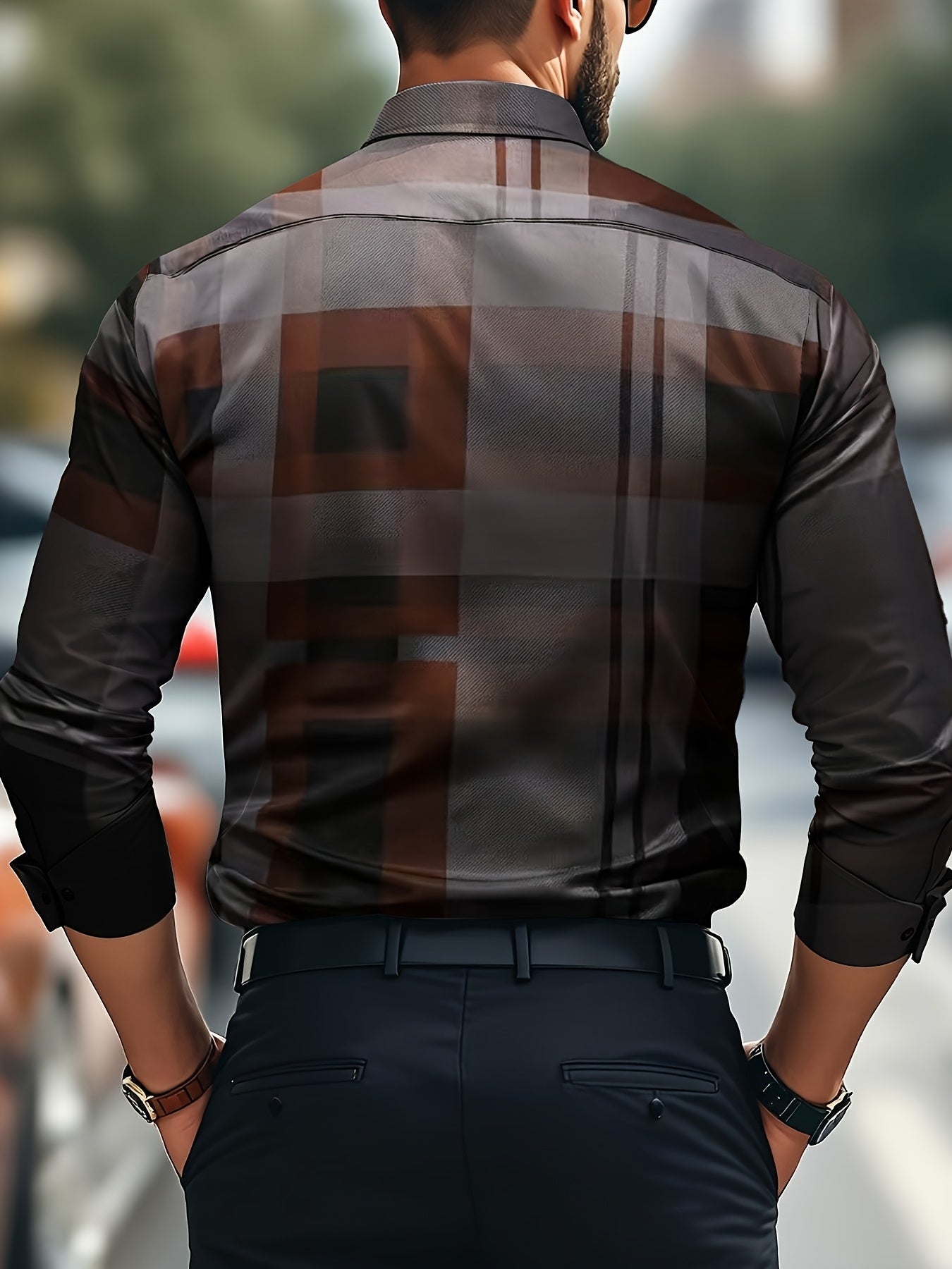 Non-Positional Cut Men's Casual Business Shirt with Plaid Print