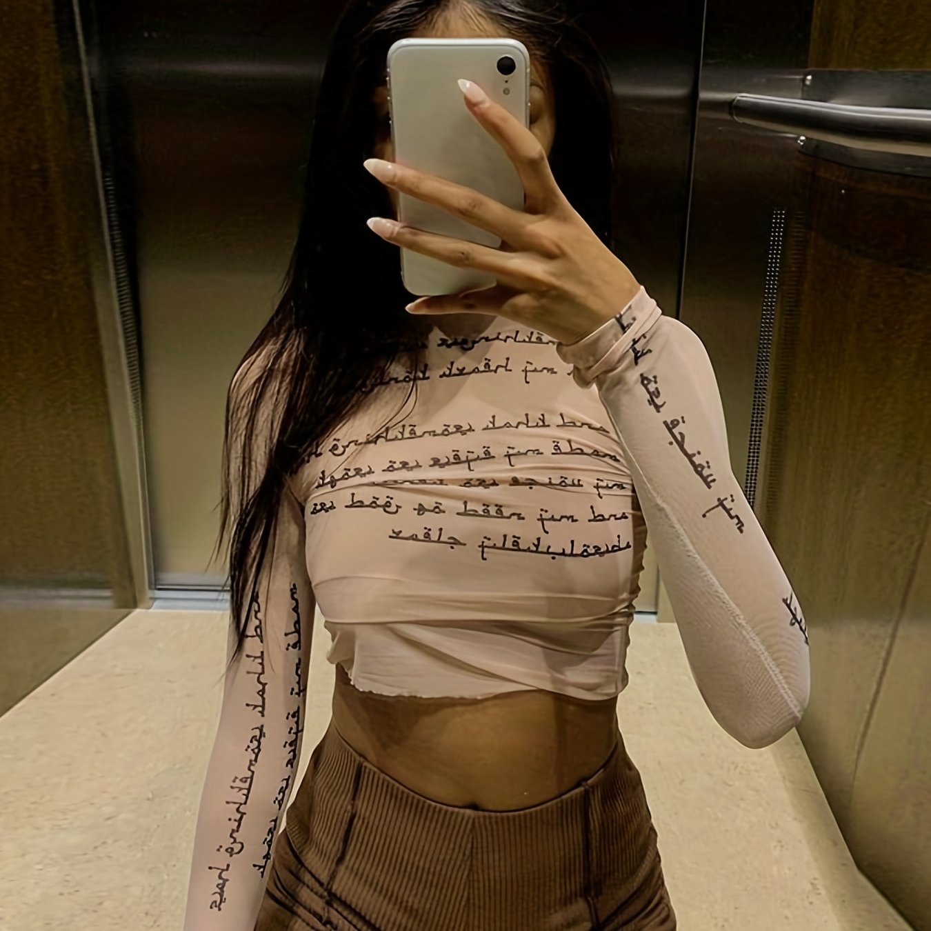 Trendy Letter Print Mesh Top - Fashionable & Breathable Semi-sheer Womens T-shirt - Long Sleeve Spring & Summer Essential