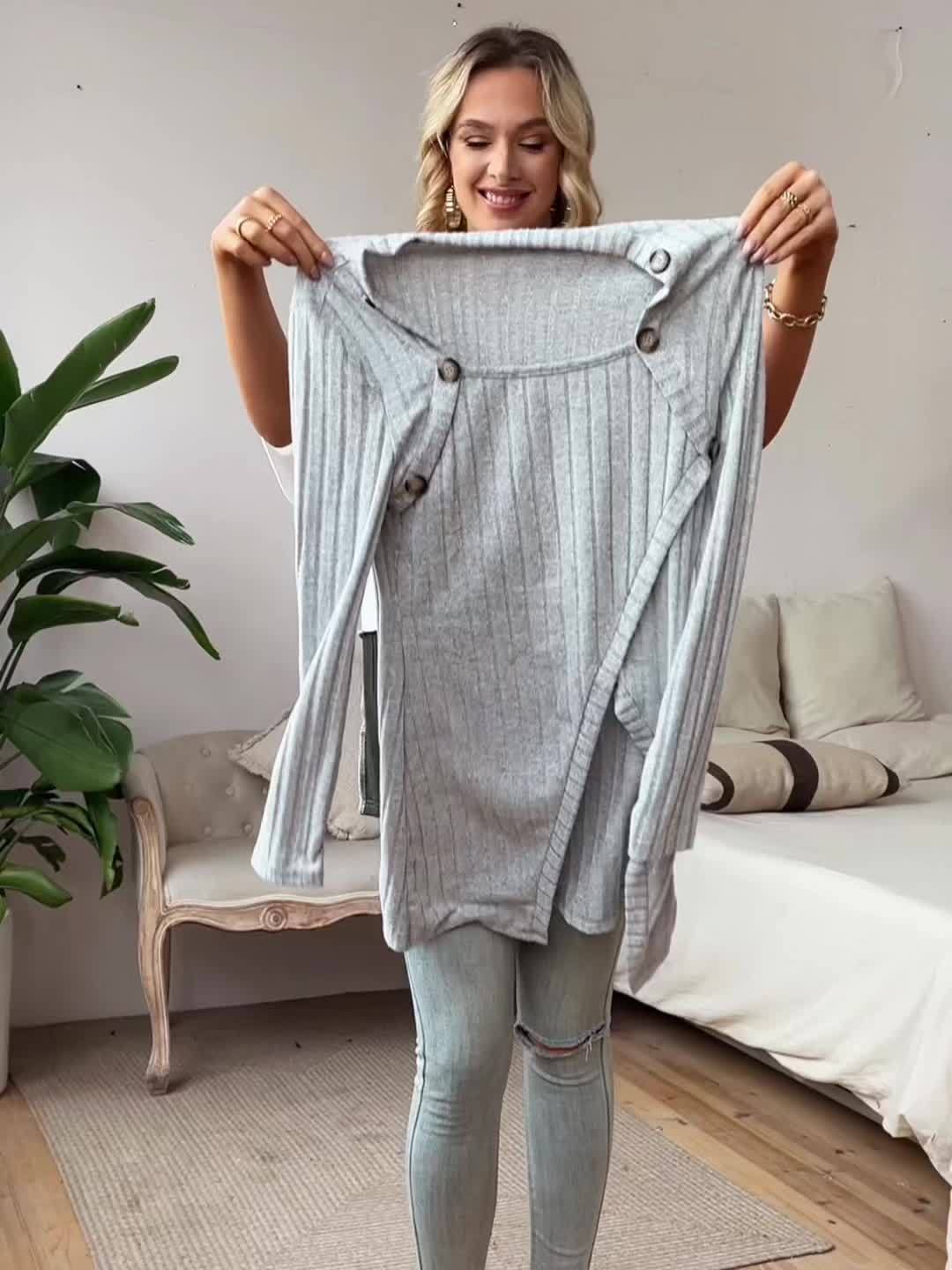 Button Decor Asymmetrical Hem T-Shirt, Casual Ribbed Long Sleeve Top For Spring & Fall, Women's Clothing