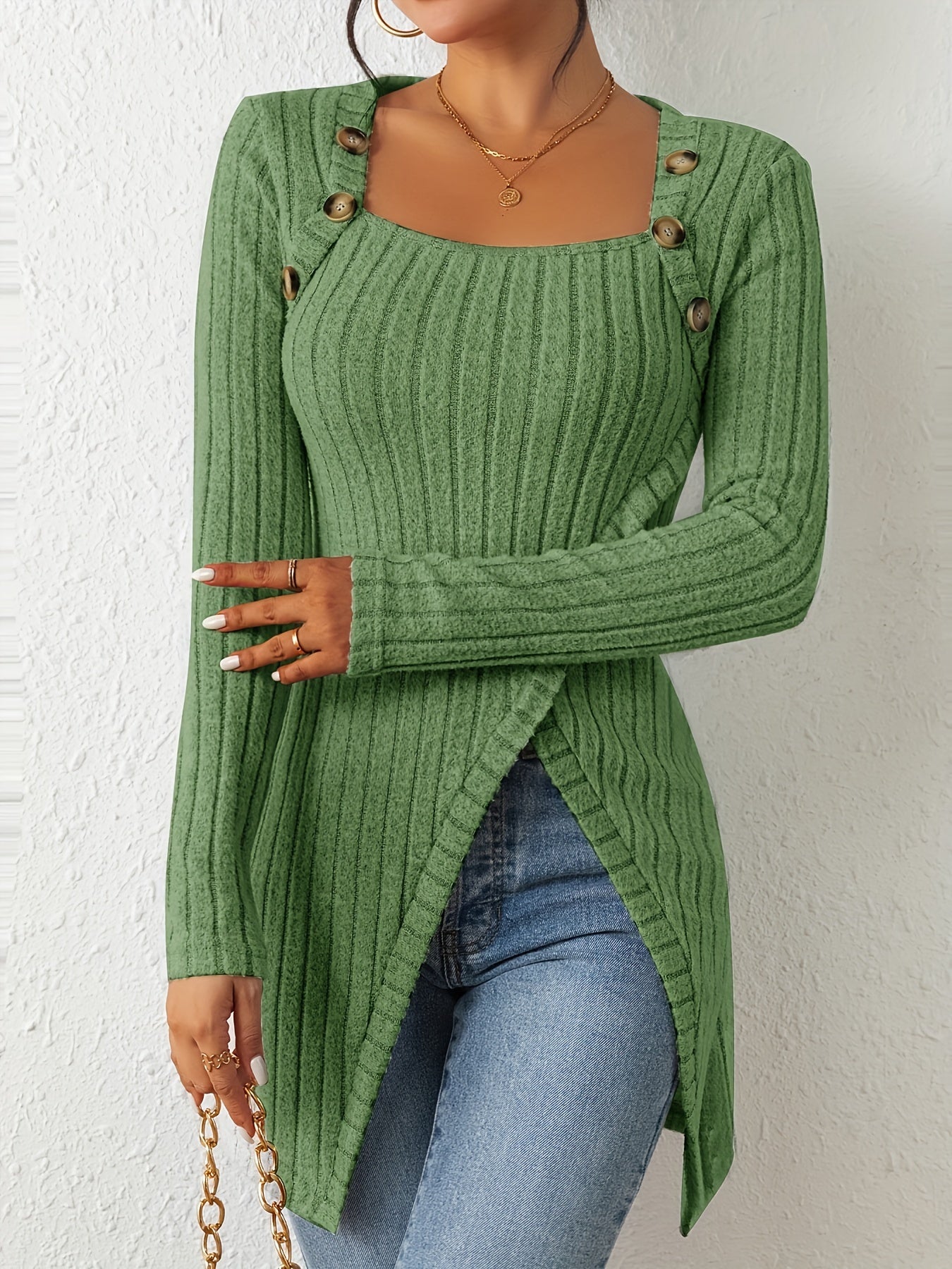 Button Decor Asymmetrical Hem T-Shirt, Casual Ribbed Long Sleeve Top For Spring & Fall, Women's Clothing