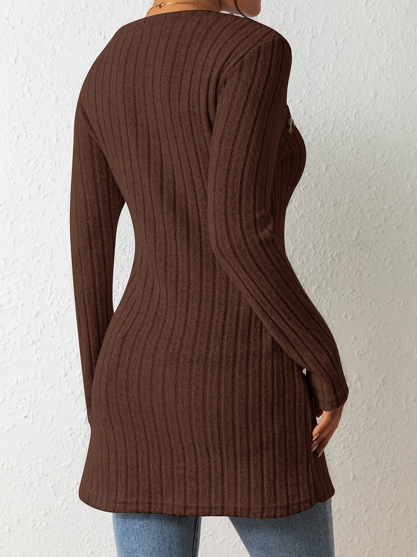 Button Decor Asymmetrical Hem T-Shirt, Casual Ribbed Long Sleeve Top For Spring & Fall, Women's Clothing