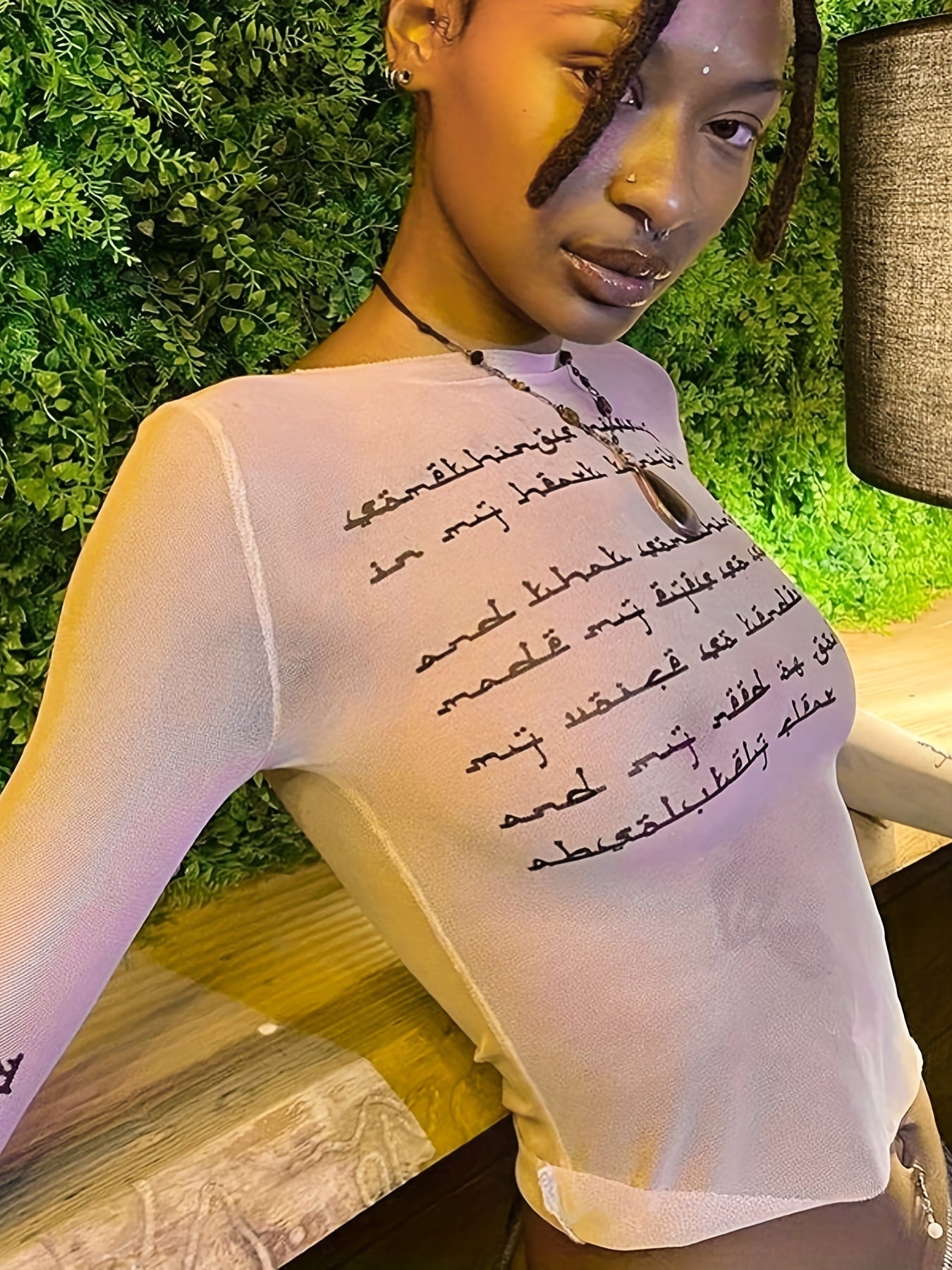 Trendy Letter Print Mesh Top - Fashionable & Breathable Semi-sheer Womens T-shirt - Long Sleeve Spring & Summer Essential