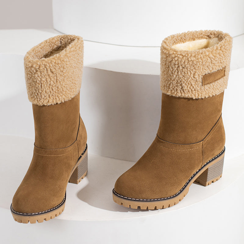 Mid Calf Snow Boots for Women - Stacked Block Heel, Plush Round Toe, Thermal Insulation, Slip-On Design, Solid Color, Winter Warmth and Comfort Shoes