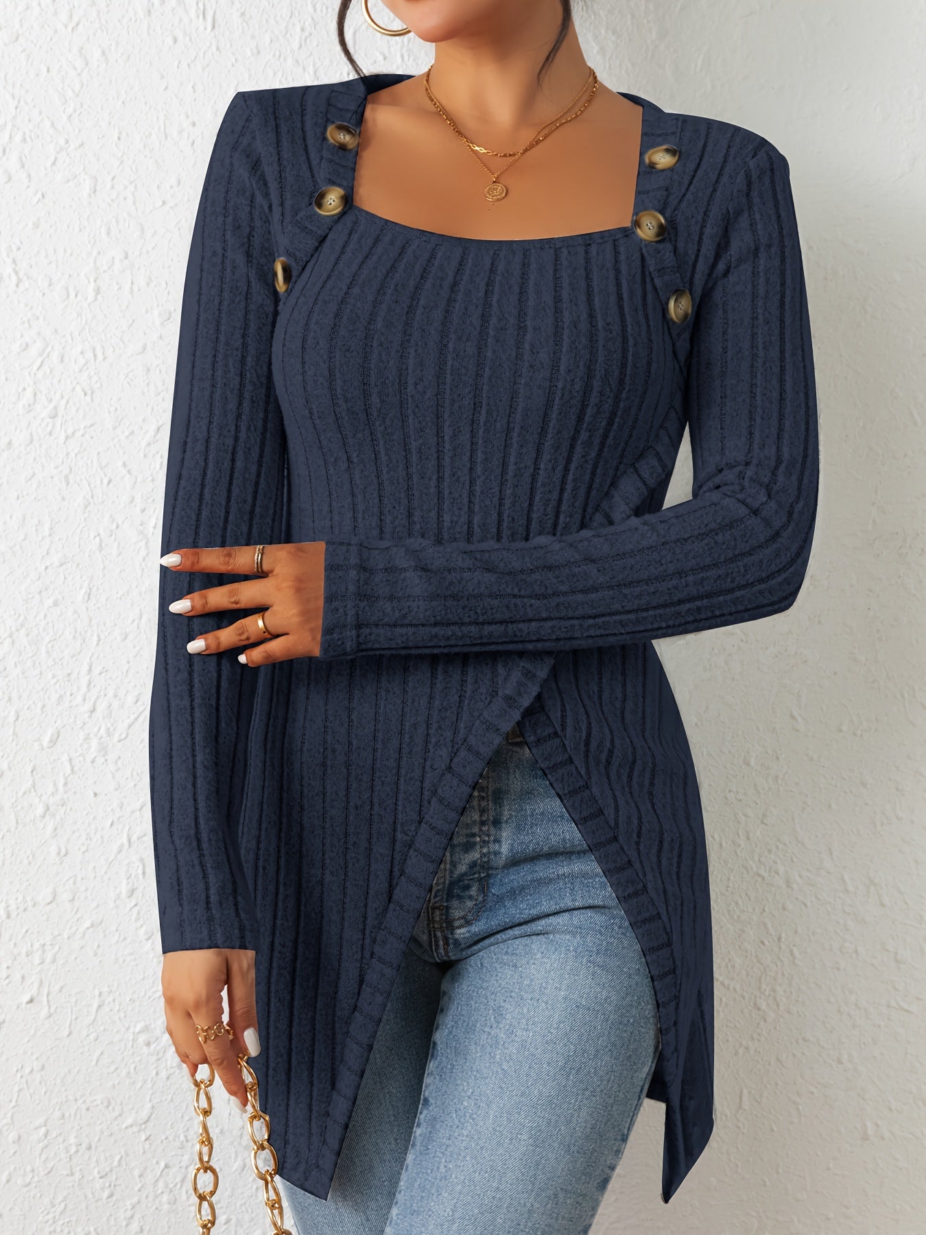 Button Decor Asymmetrical Hem T-Shirt, Casual Ribbed Long Sleeve Top For Spring & Fall, Women's Clothing