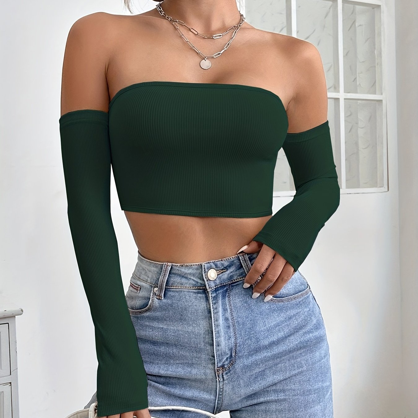 Women's Off-Shoulder Short Crop Top - Slim-Fit Sleeve Stretchy Shirt, Solid Black All-Season Versatile Top for Casual & Formal Outfits, Machine Washable Elegant Women's Fashion Apparel