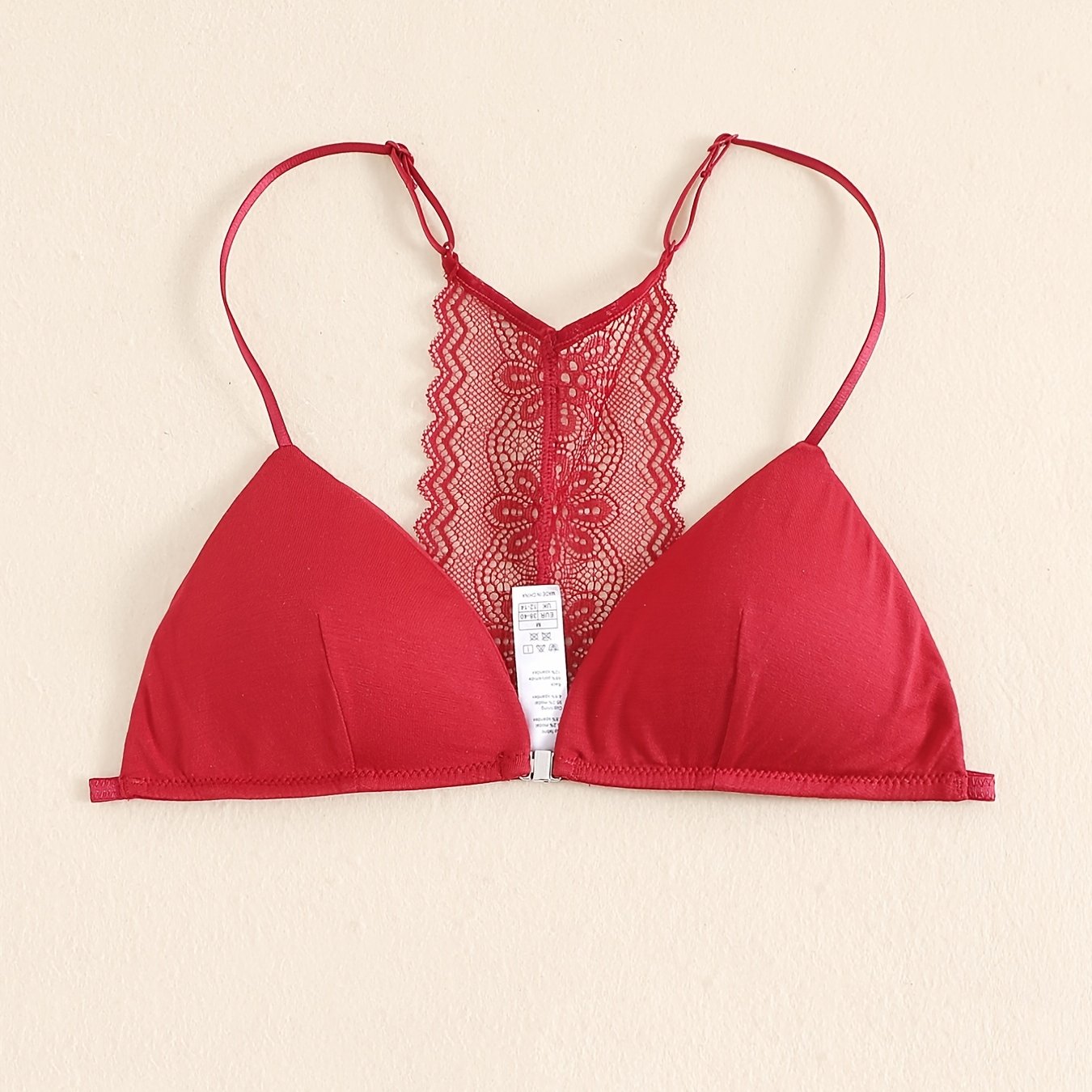 Triangle Cups Front Buckle Bras, Lace Stitching Beauty Back Bra With Removable Pads, Women's Lingerie & Underwear