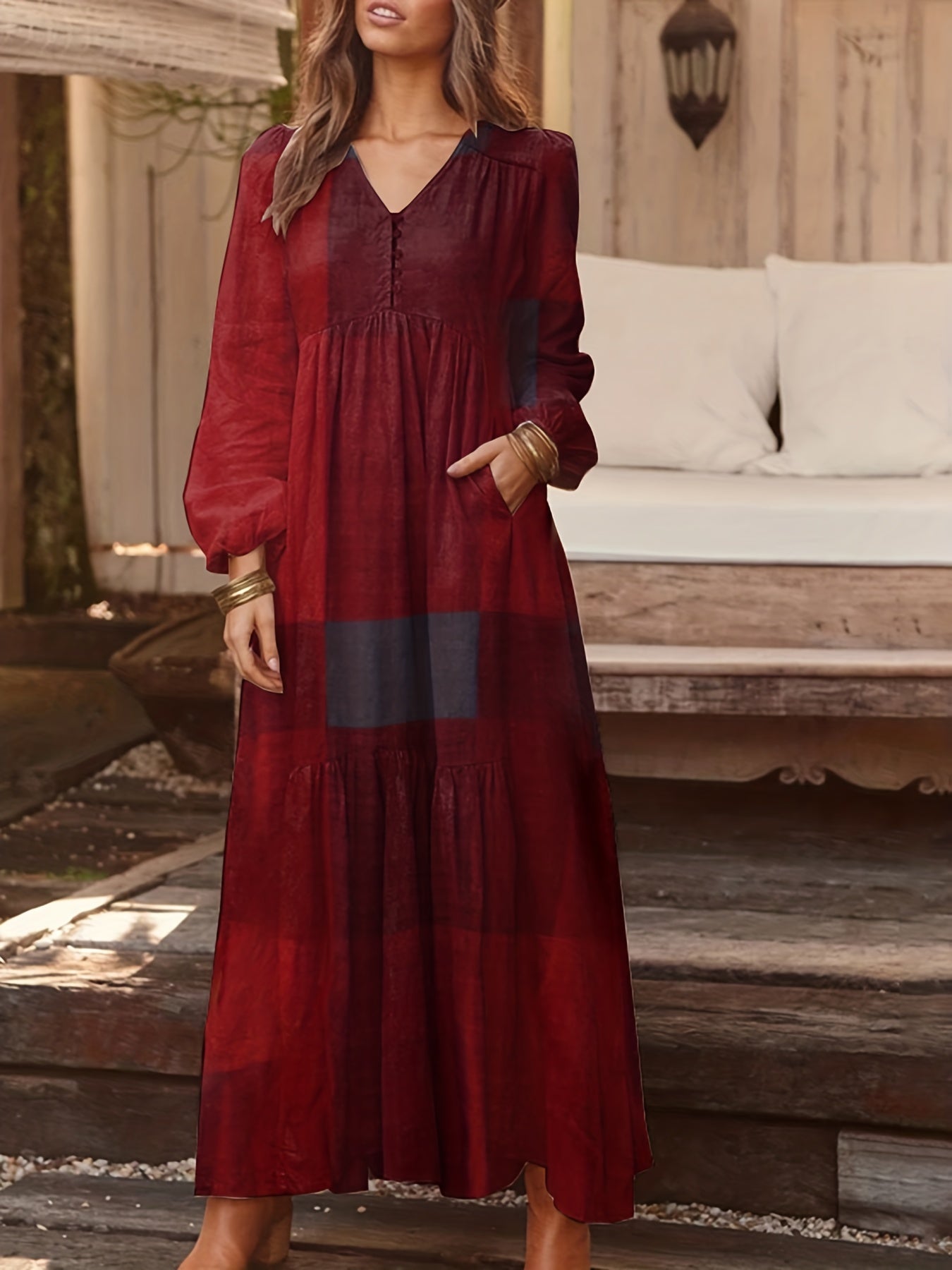 Patchwork Print Loose Dress, Boho V Neck Long Sleeve Dress, Women's Clothing