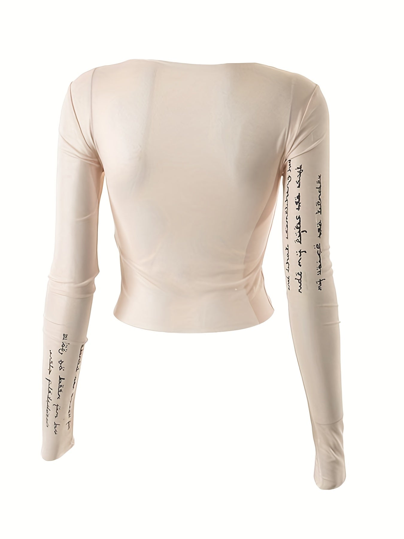 Trendy Letter Print Mesh Top - Fashionable & Breathable Semi-sheer Womens T-shirt - Long Sleeve Spring & Summer Essential