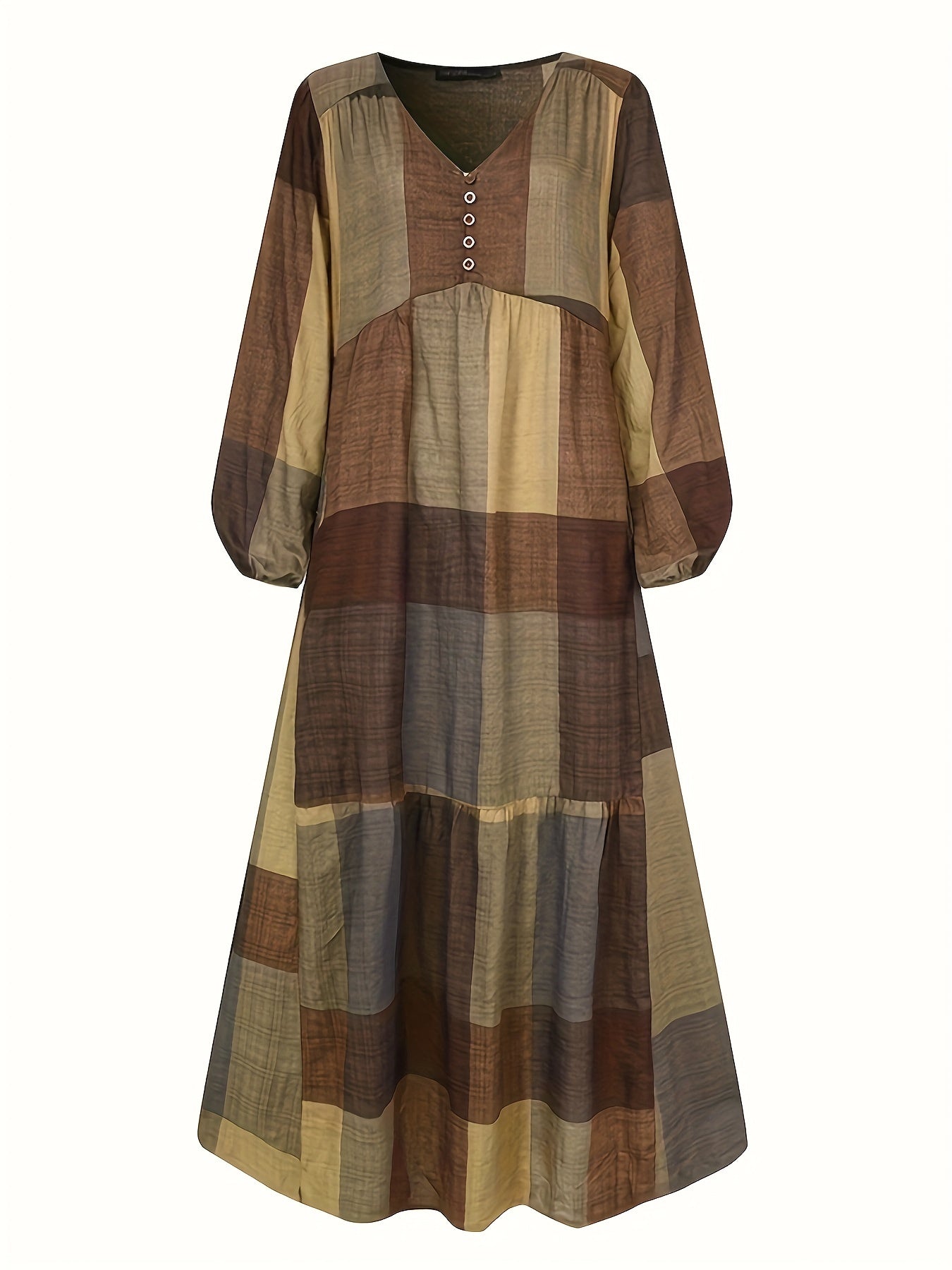 Patchwork Print Loose Dress, Boho V Neck Long Sleeve Dress, Women's Clothing