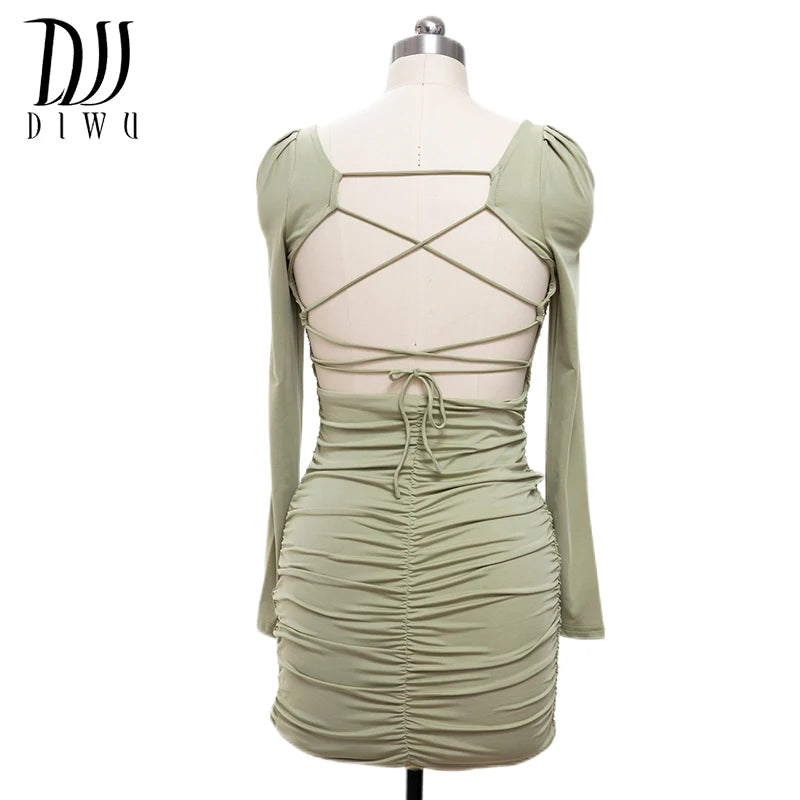 DIWU Long Sleeve Sexy White Bodycon Bouncy Dress Women Square Neck Ruched Backless Straps Elegant Mini Dresses