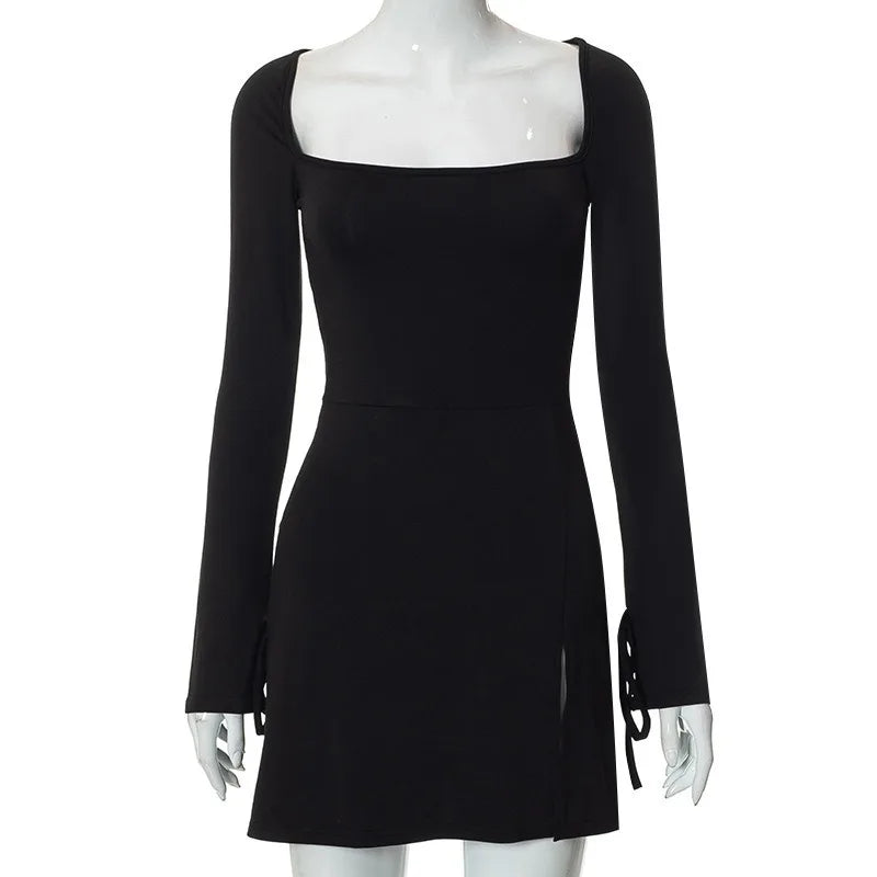 Spring New Mini Dresses Women Streetwear Fashion Long Sleeves Lace-up Split Dress Black Sexy Elegant Casual Slim Dresses Female