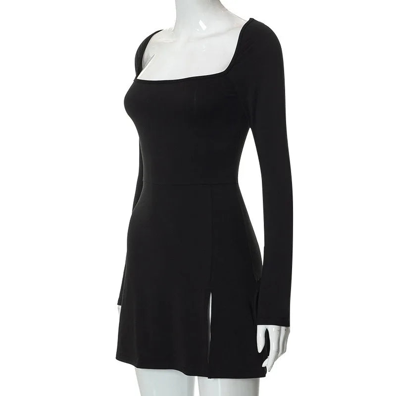 Spring New Mini Dresses Women Streetwear Fashion Long Sleeves Lace-up Split Dress Black Sexy Elegant Casual Slim Dresses Female
